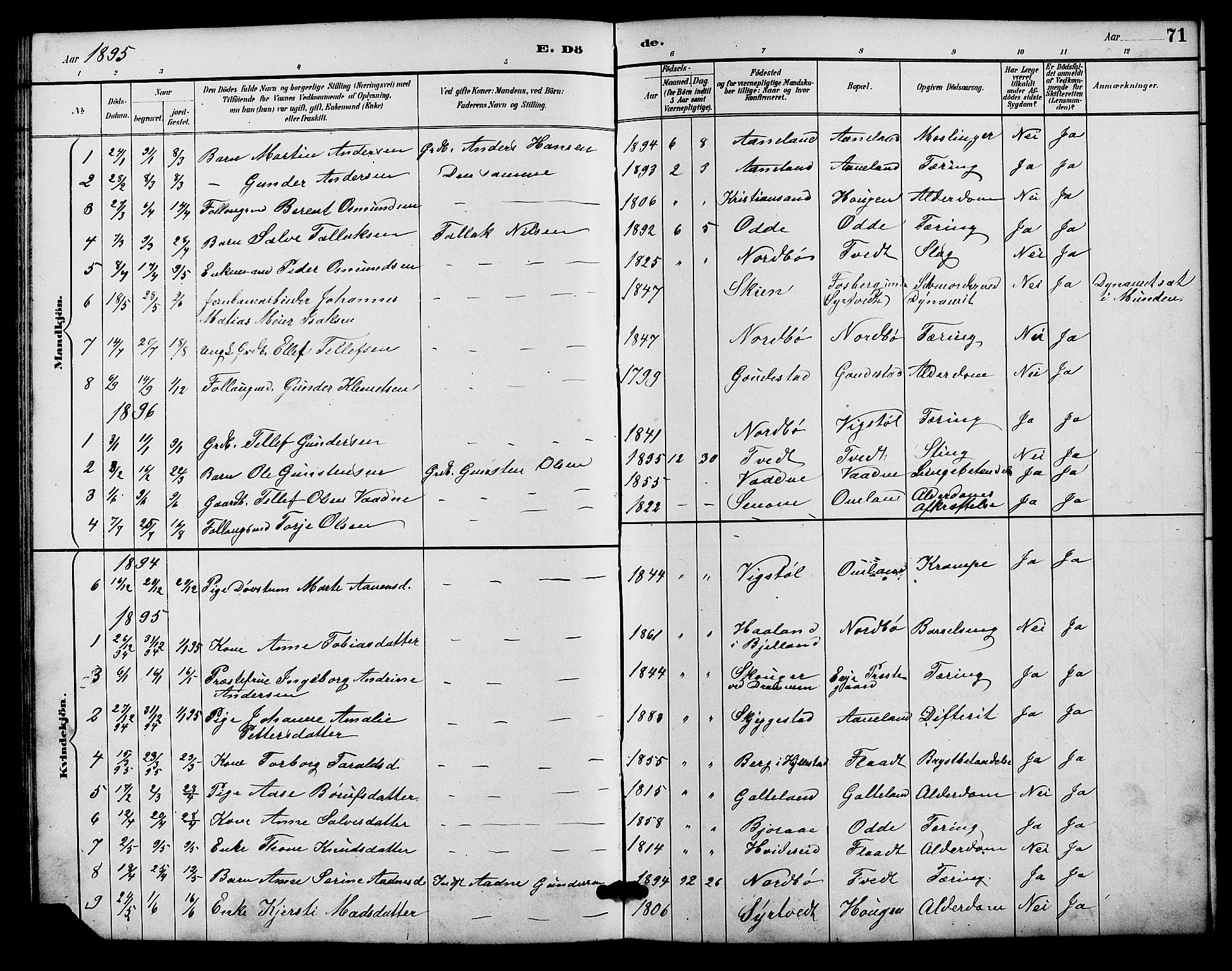 Evje sokneprestkontor, SAK/1111-0008/F/Fb/Fba/L0003: Parish register (copy) no. B 3, 1888-1903, p. 71