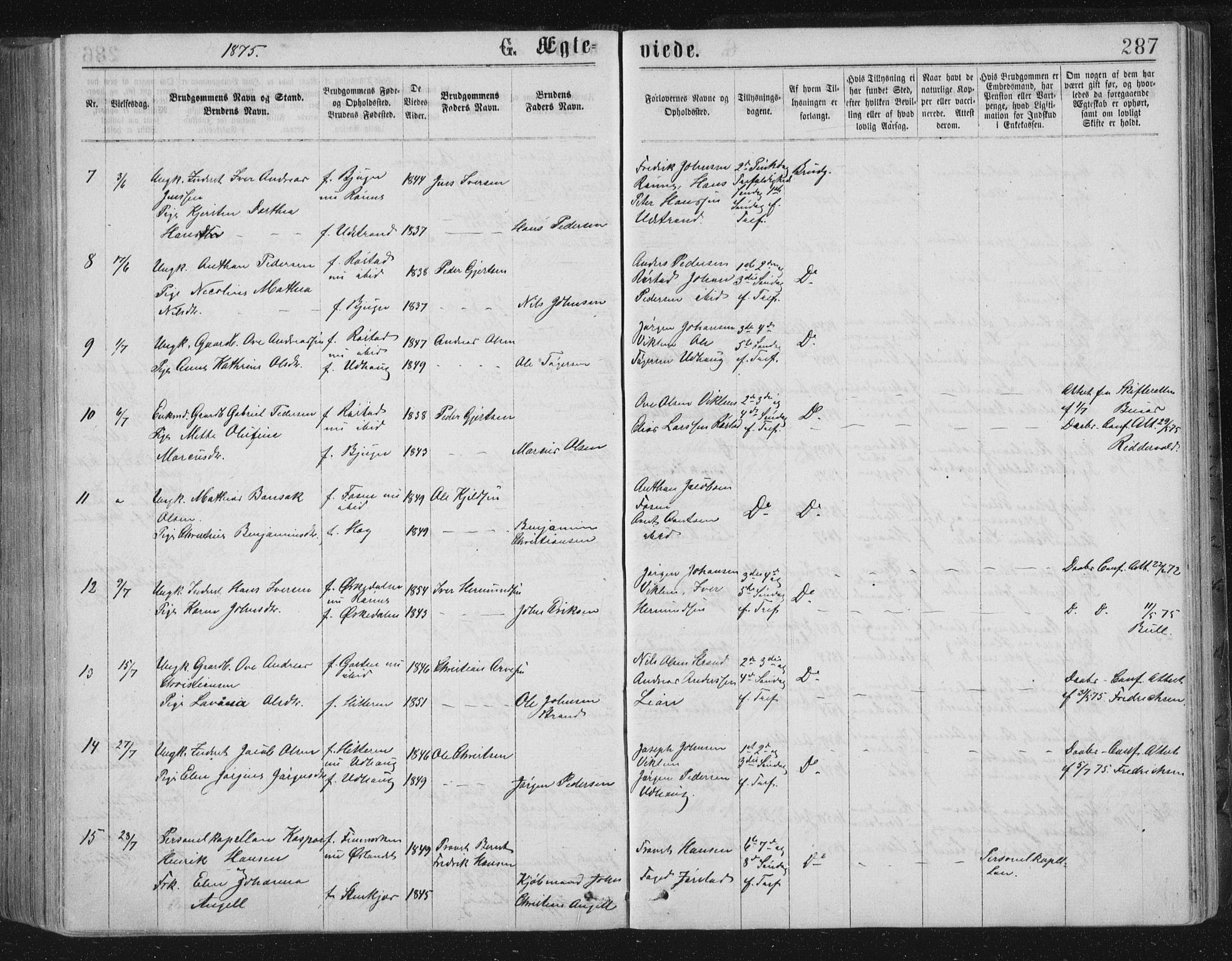 Ministerialprotokoller, klokkerbøker og fødselsregistre - Sør-Trøndelag, SAT/A-1456/659/L0745: Parish register (copy) no. 659C02, 1869-1892, p. 287