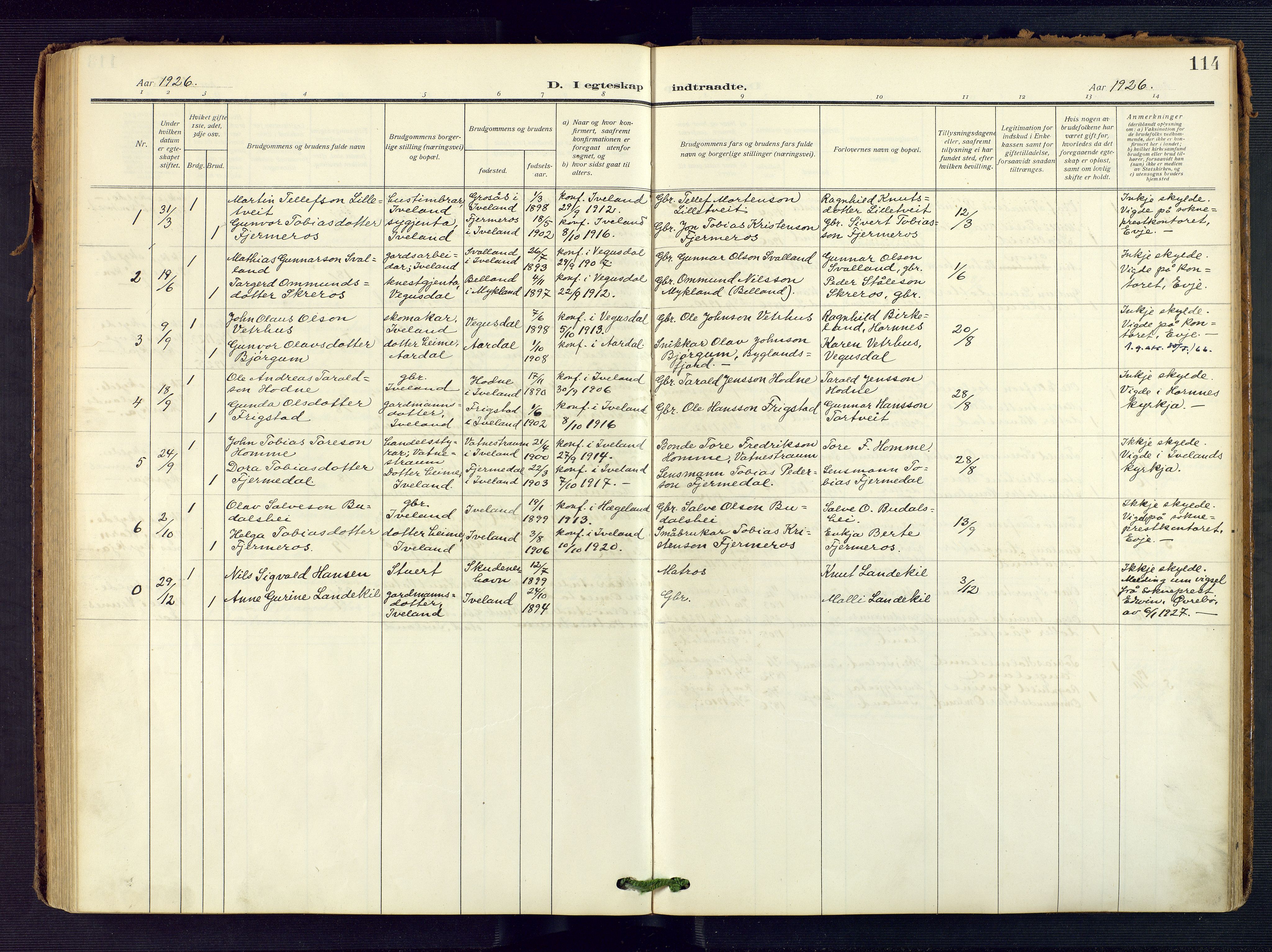 Evje sokneprestkontor, AV/SAK-1111-0008/F/Fa/Fac/L0004: Parish register (official) no. A 4, 1910-1932, p. 114