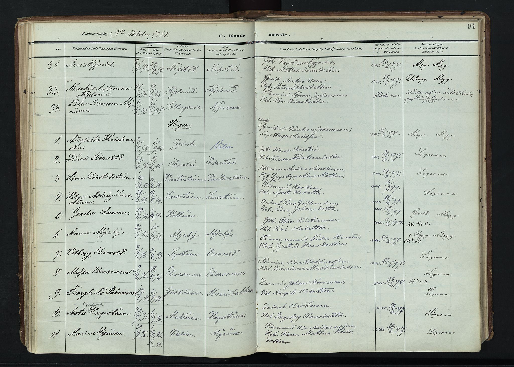 Vardal prestekontor, AV/SAH-PREST-100/H/Ha/Haa/L0020: Parish register (official) no. 20, 1907-1921, p. 94