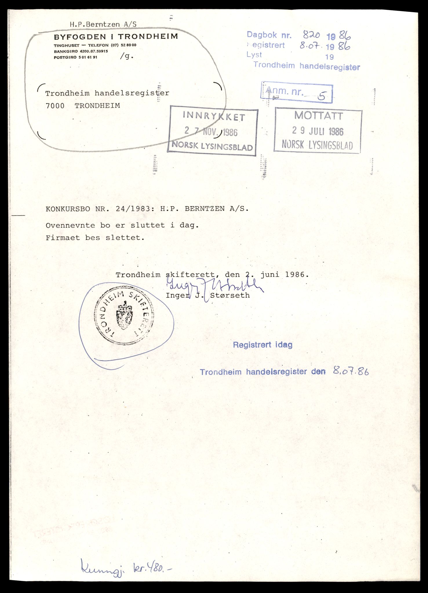 Trondheim byfogd, AV/SAT-A-0003/2/J/Jd/Jdb/L0087: Aksjeselskap, andelslag og borettslag, Ber-Bå, 1986-1987, p. 1