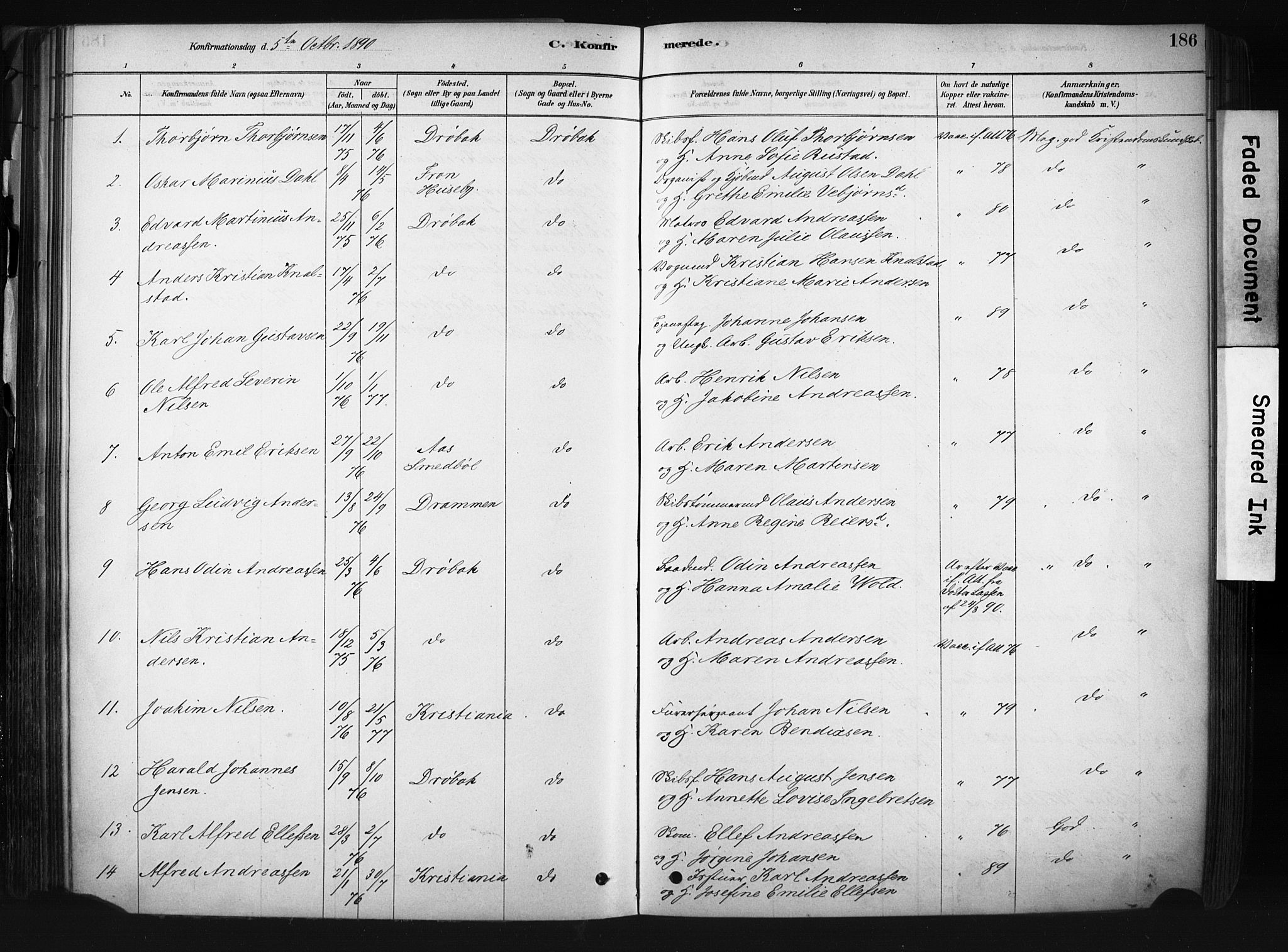 Drøbak prestekontor Kirkebøker, SAO/A-10142a/F/Fb/L0001: Parish register (official) no. II 1, 1878-1891, p. 186