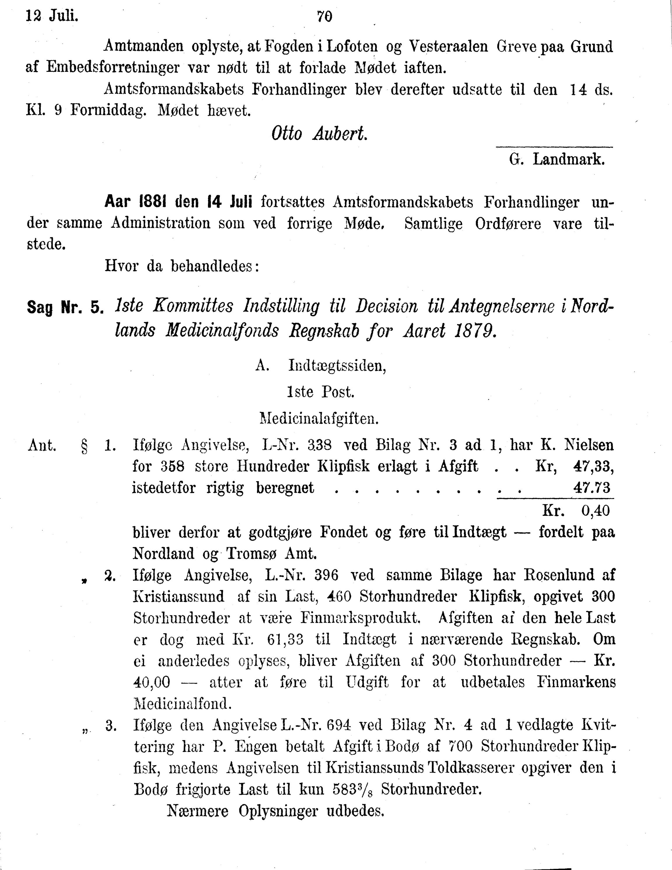 Nordland Fylkeskommune. Fylkestinget, AIN/NFK-17/176/A/Ac/L0014: Fylkestingsforhandlinger 1881-1885, 1881-1885, p. 70