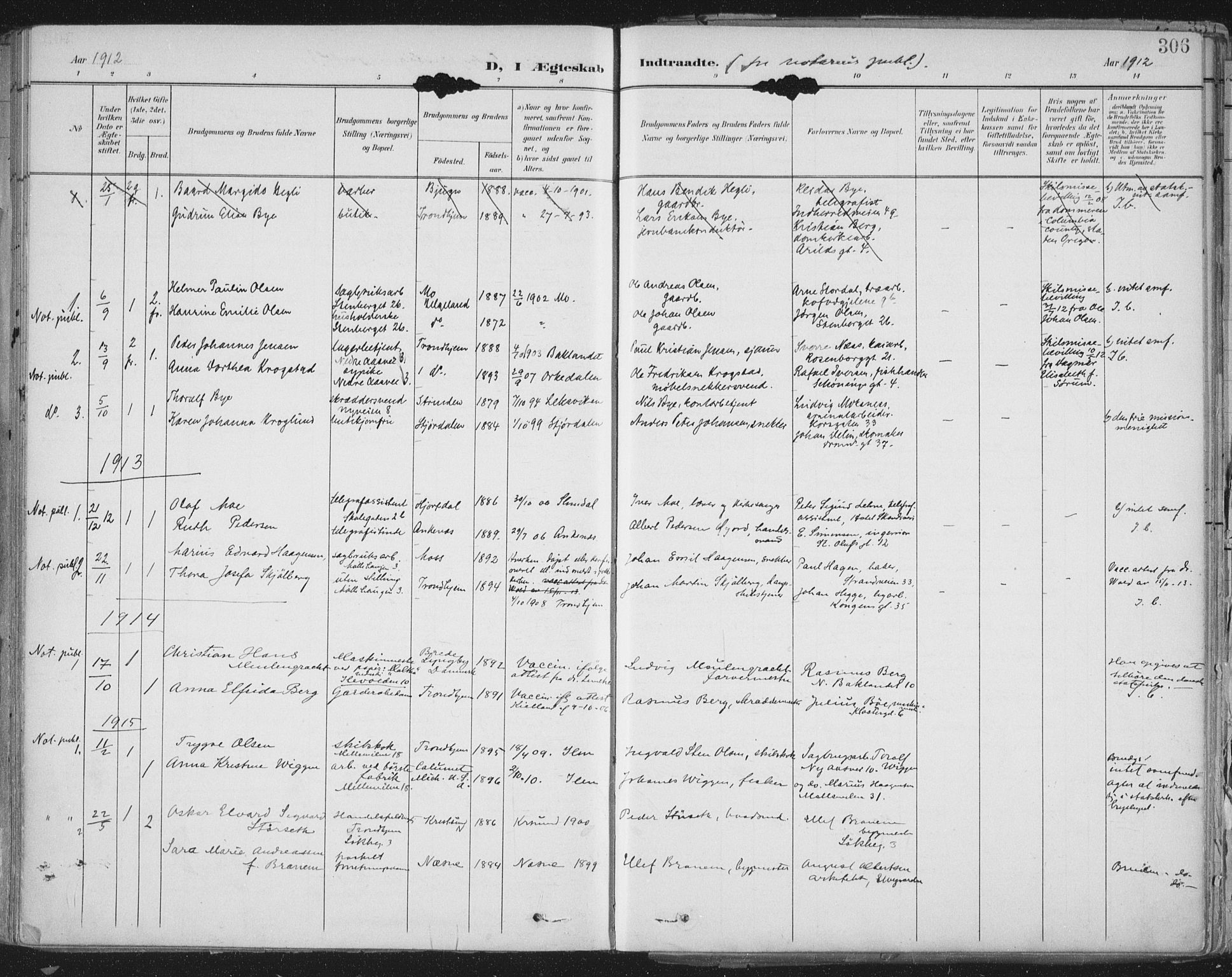 Ministerialprotokoller, klokkerbøker og fødselsregistre - Sør-Trøndelag, SAT/A-1456/603/L0167: Parish register (official) no. 603A06, 1896-1932, p. 306