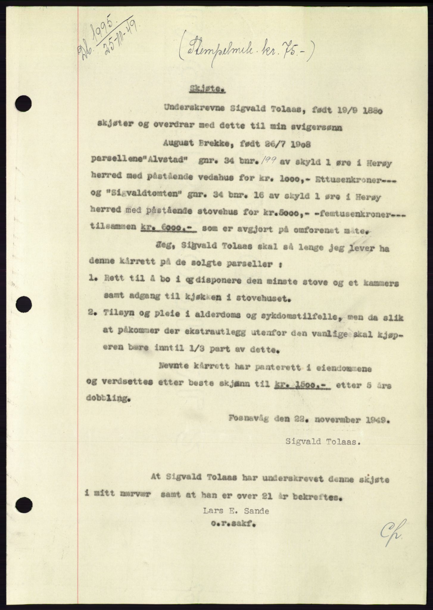 Søre Sunnmøre sorenskriveri, AV/SAT-A-4122/1/2/2C/L0085: Mortgage book no. 11A, 1949-1949, Diary no: : 1995/1949