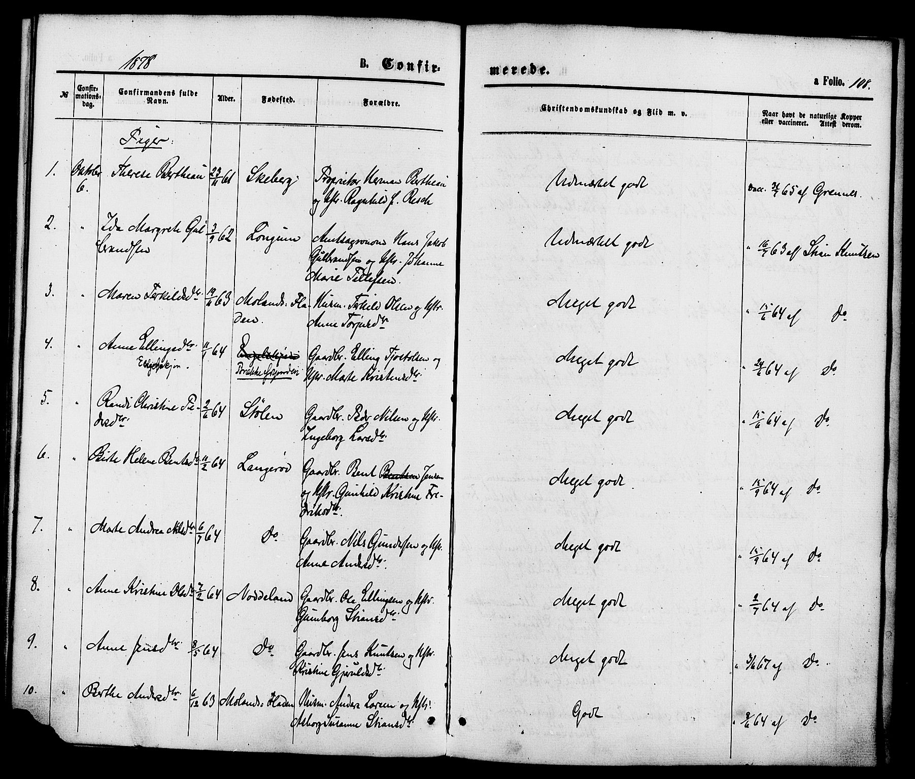 Austre Moland sokneprestkontor, AV/SAK-1111-0001/F/Fa/Faa/L0009: Parish register (official) no. A 9, 1869-1879, p. 108