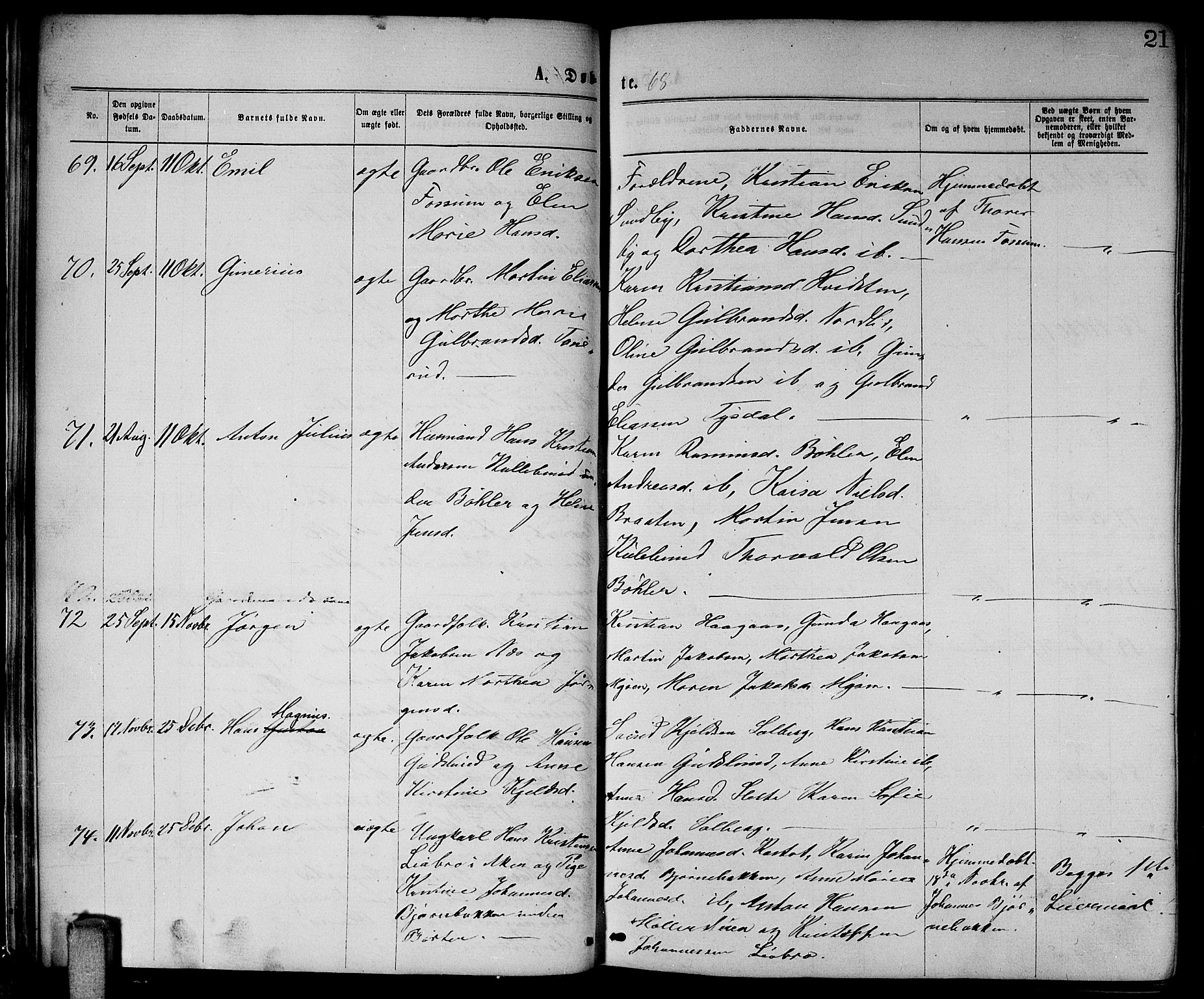 Enebakk prestekontor Kirkebøker, AV/SAO-A-10171c/G/Ga/L0005: Parish register (copy) no. I 5, 1867-1888, p. 21