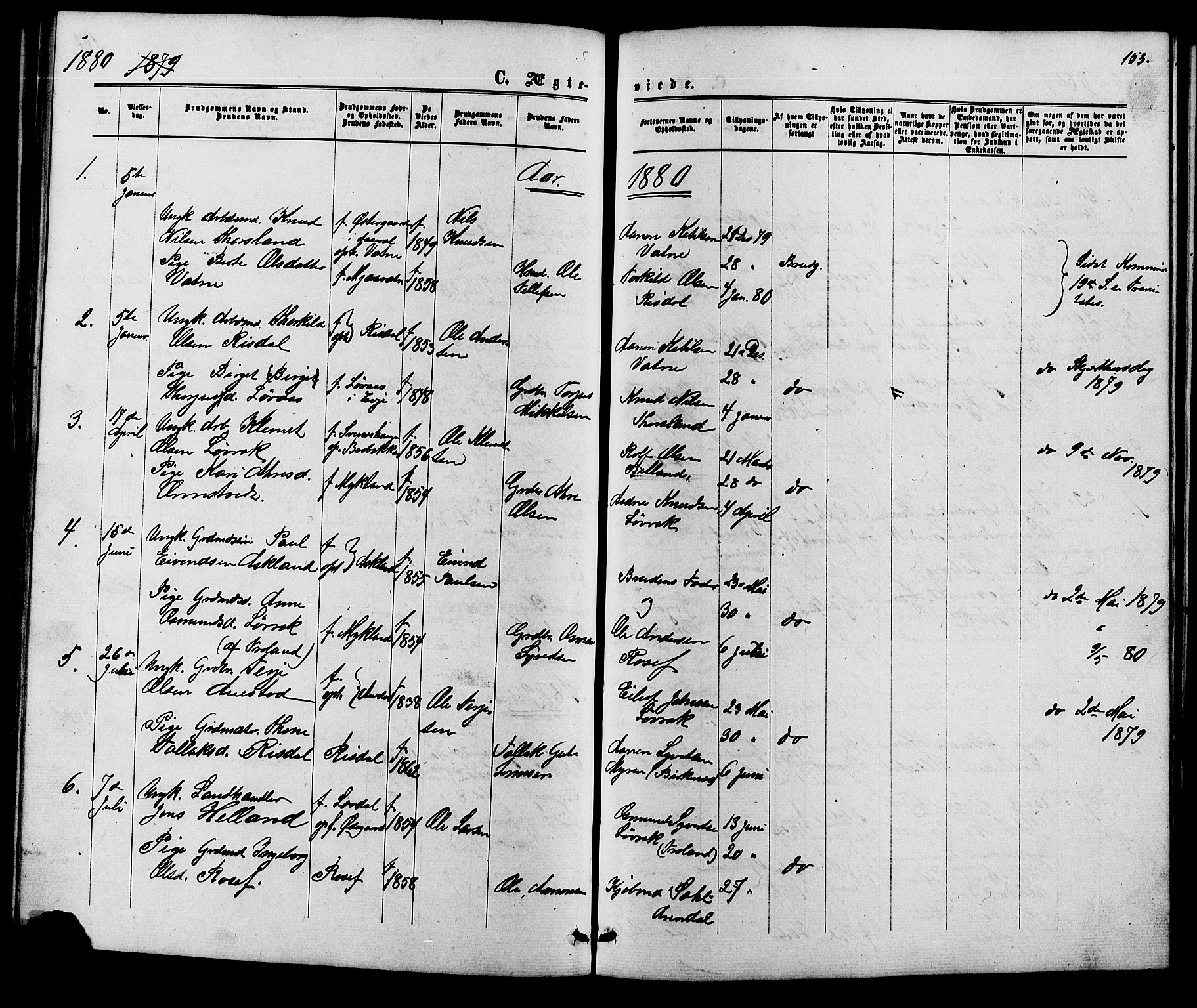 Herefoss sokneprestkontor, SAK/1111-0019/F/Fb/Fbc/L0002: Parish register (copy) no. B 2, 1867-1886, p. 153