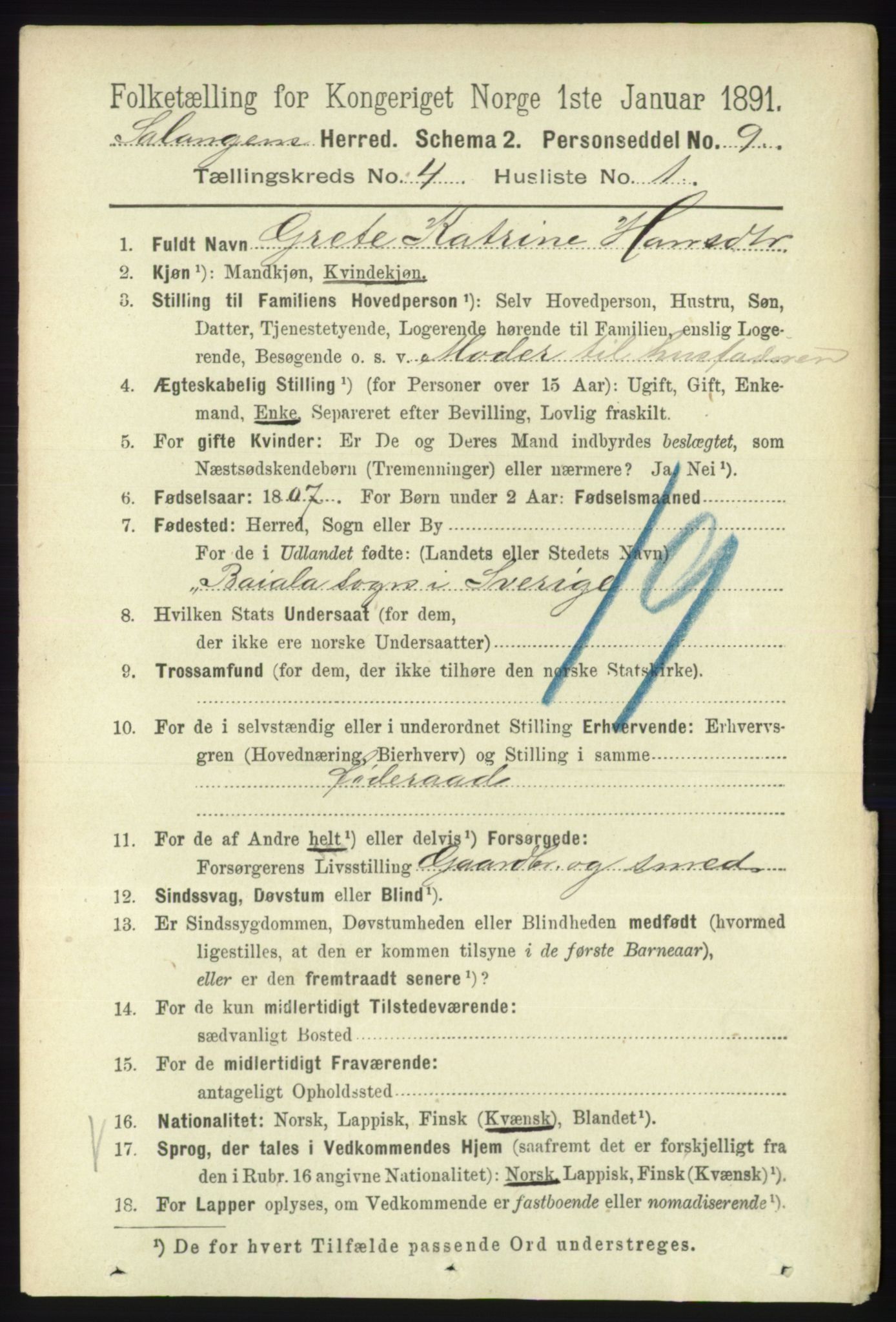 RA, 1891 census for 1921 Salangen, 1891, p. 1838