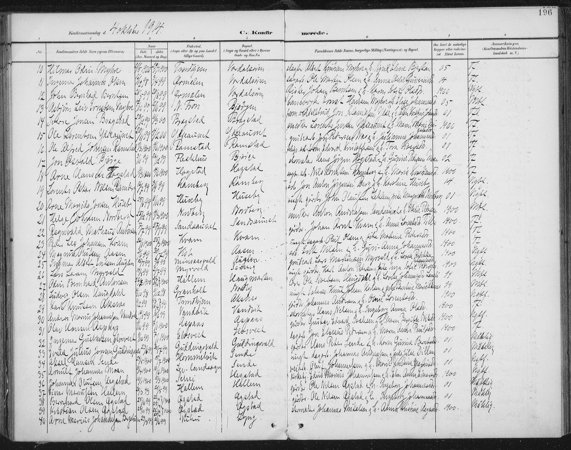 Ministerialprotokoller, klokkerbøker og fødselsregistre - Nord-Trøndelag, AV/SAT-A-1458/723/L0246: Parish register (official) no. 723A15, 1900-1917, p. 196