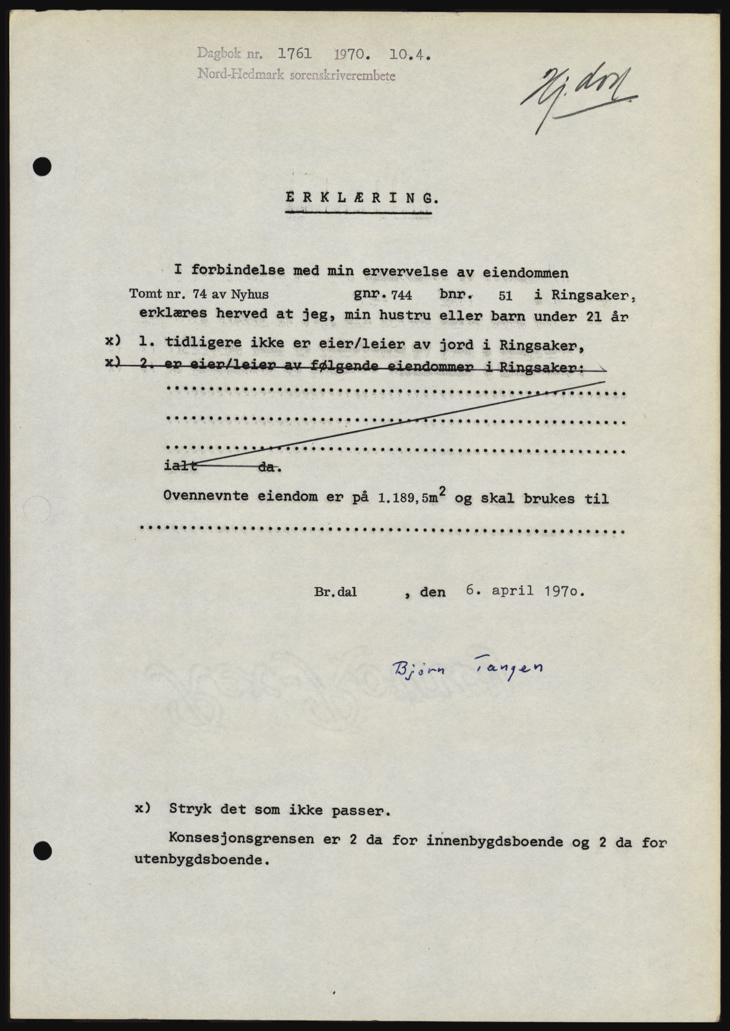 Nord-Hedmark sorenskriveri, SAH/TING-012/H/Hc/L0033: Mortgage book no. 33, 1970-1970, Diary no: : 1761/1970