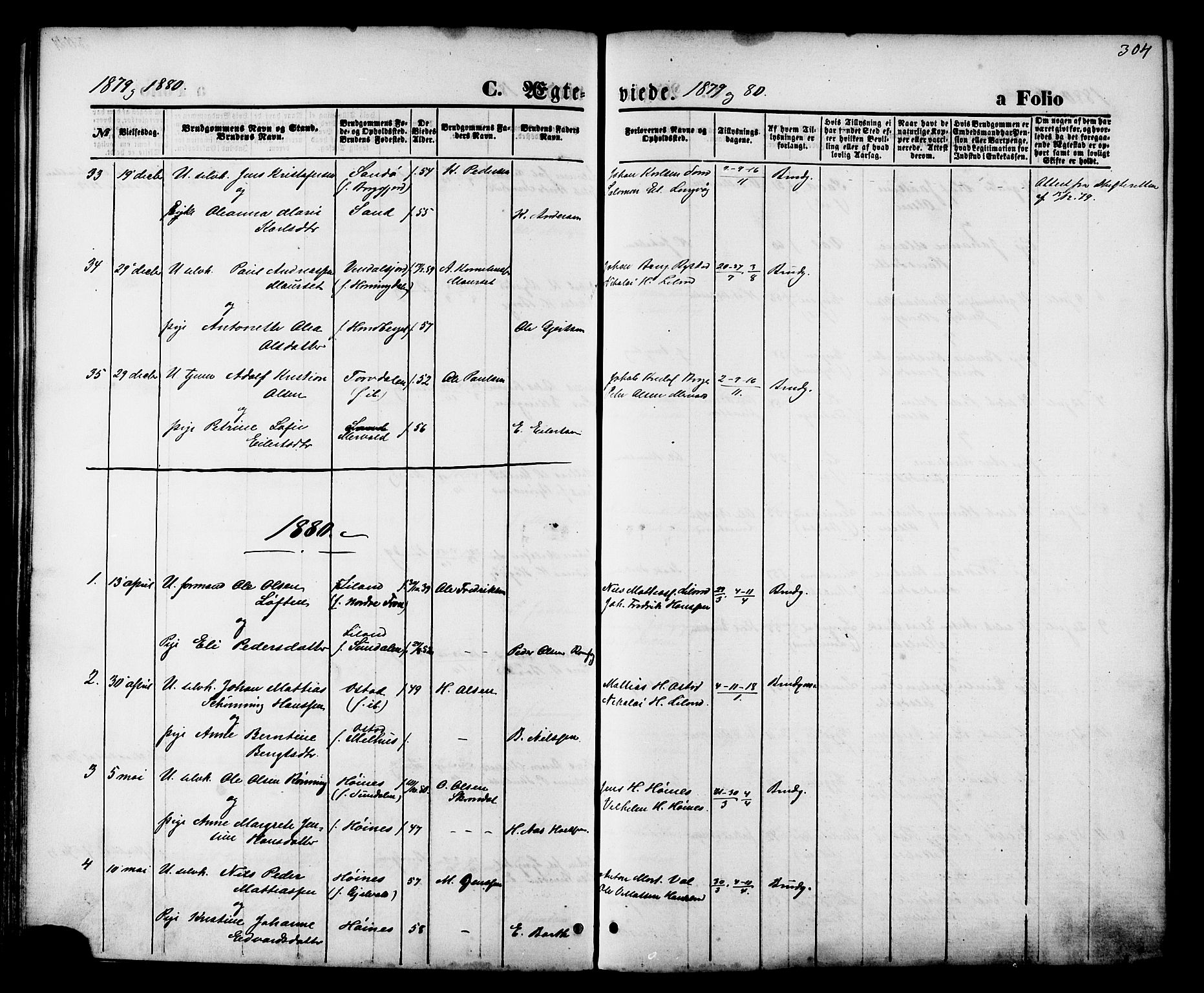 Ministerialprotokoller, klokkerbøker og fødselsregistre - Nordland, SAT/A-1459/880/L1132: Parish register (official) no. 880A06, 1869-1887, p. 304