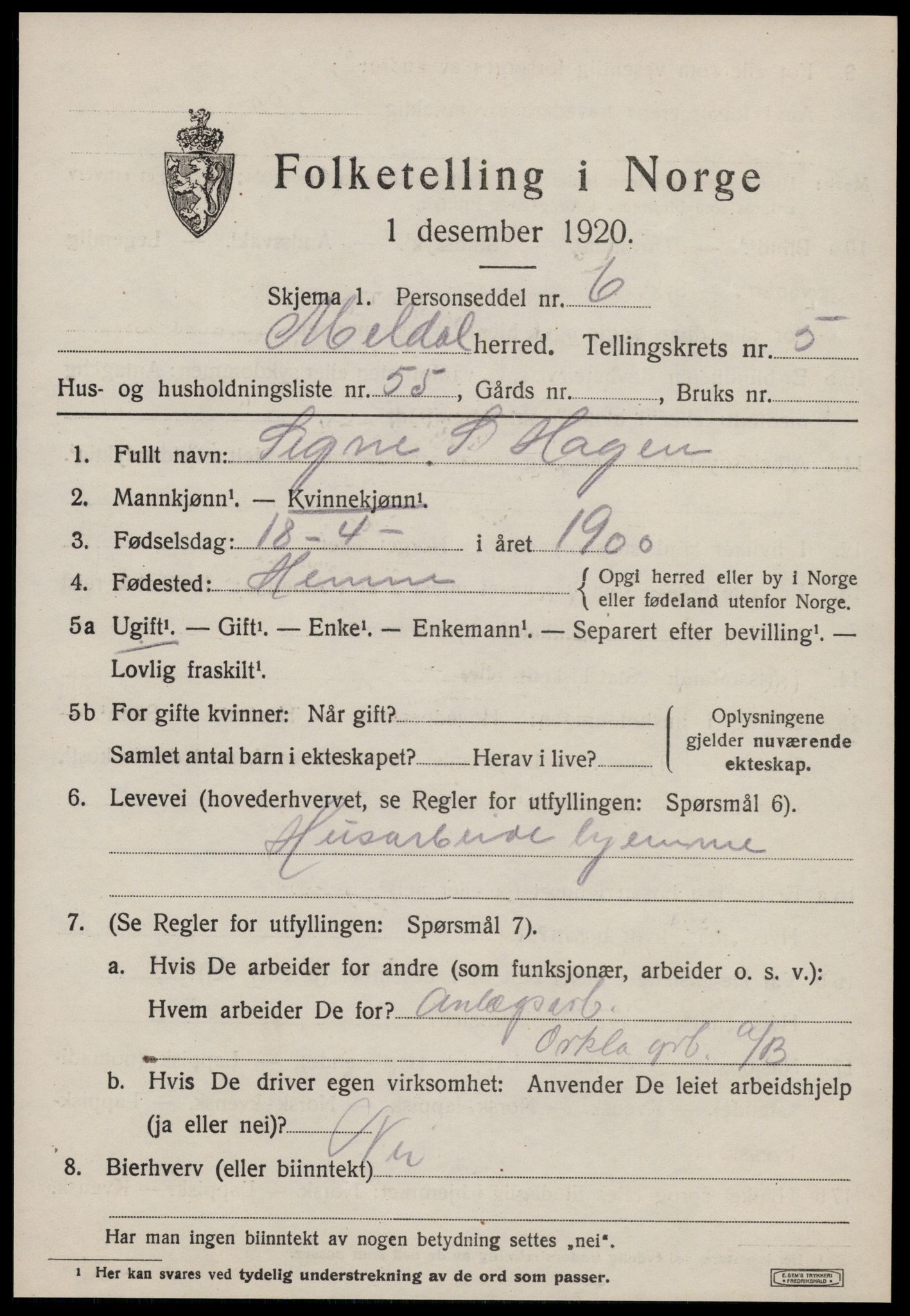 SAT, 1920 census for Meldal, 1920, p. 5721