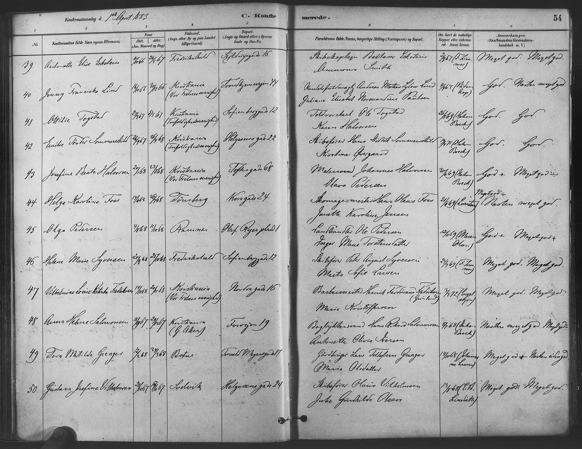 Paulus prestekontor Kirkebøker, SAO/A-10871/F/Fa/L0004: Parish register (official) no. 4, 1879-1891, p. 54