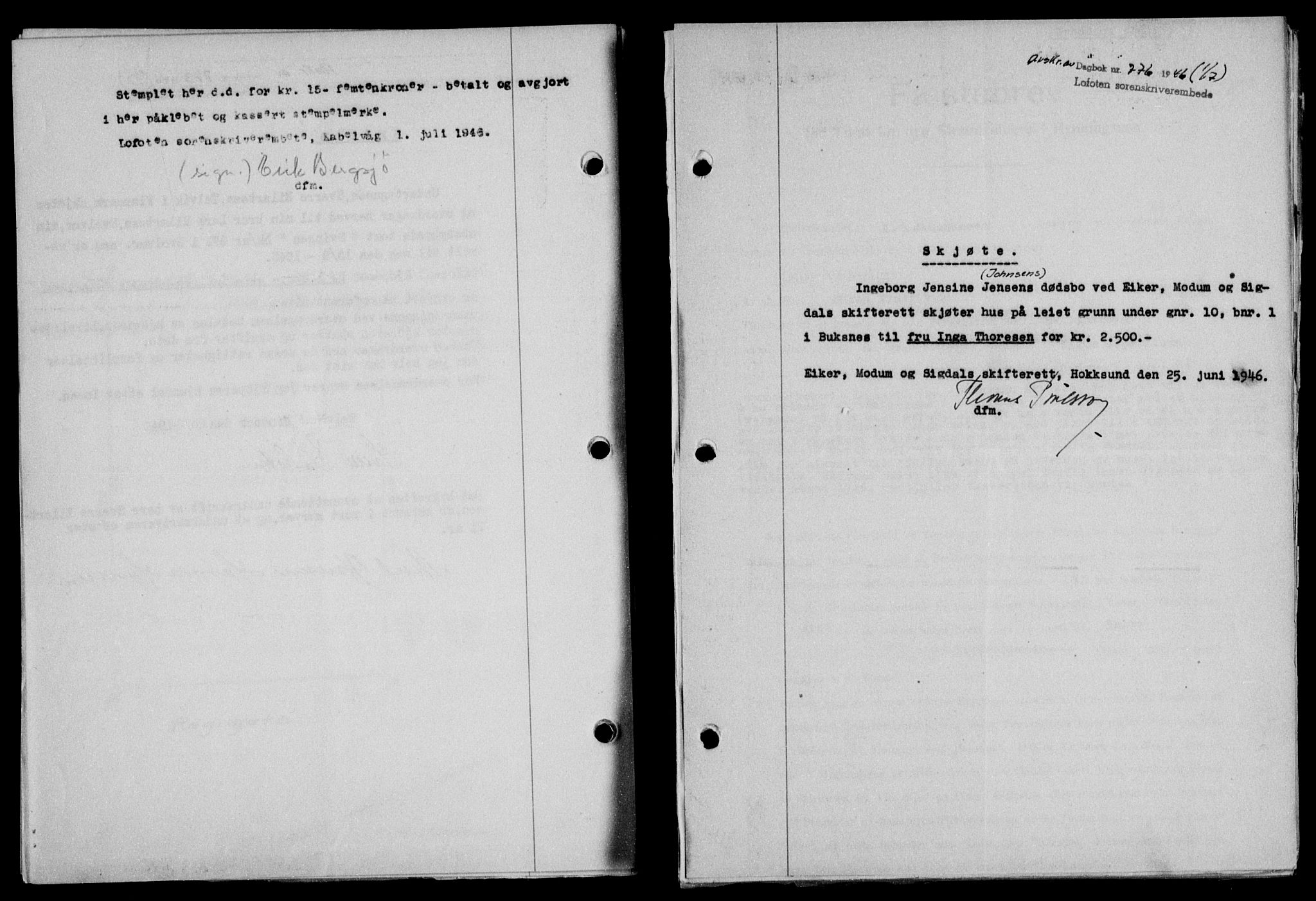 Lofoten sorenskriveri, SAT/A-0017/1/2/2C/L0014a: Mortgage book no. 14a, 1946-1946, Diary no: : 776/1946