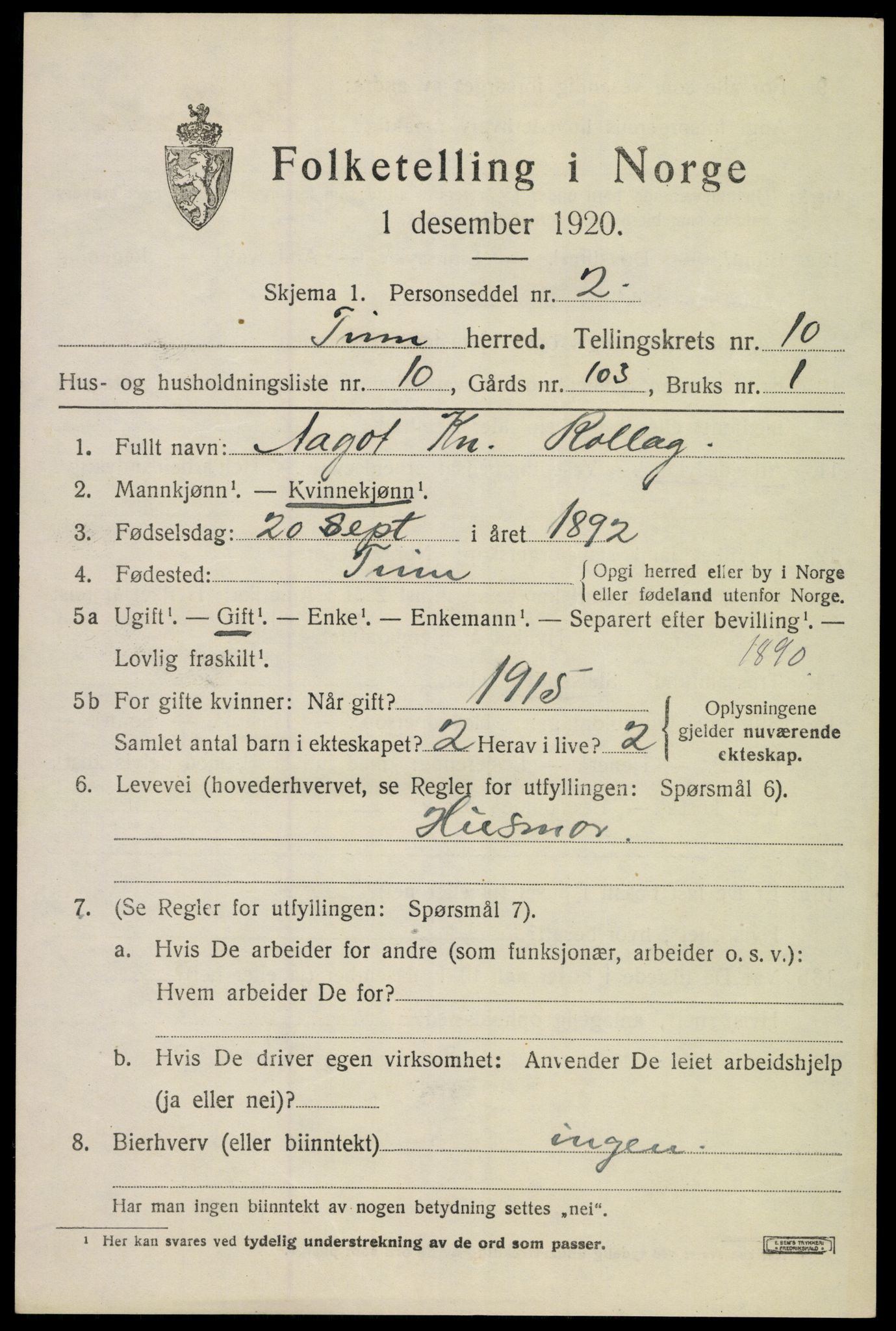 SAKO, 1920 census for Tinn, 1920, p. 6470