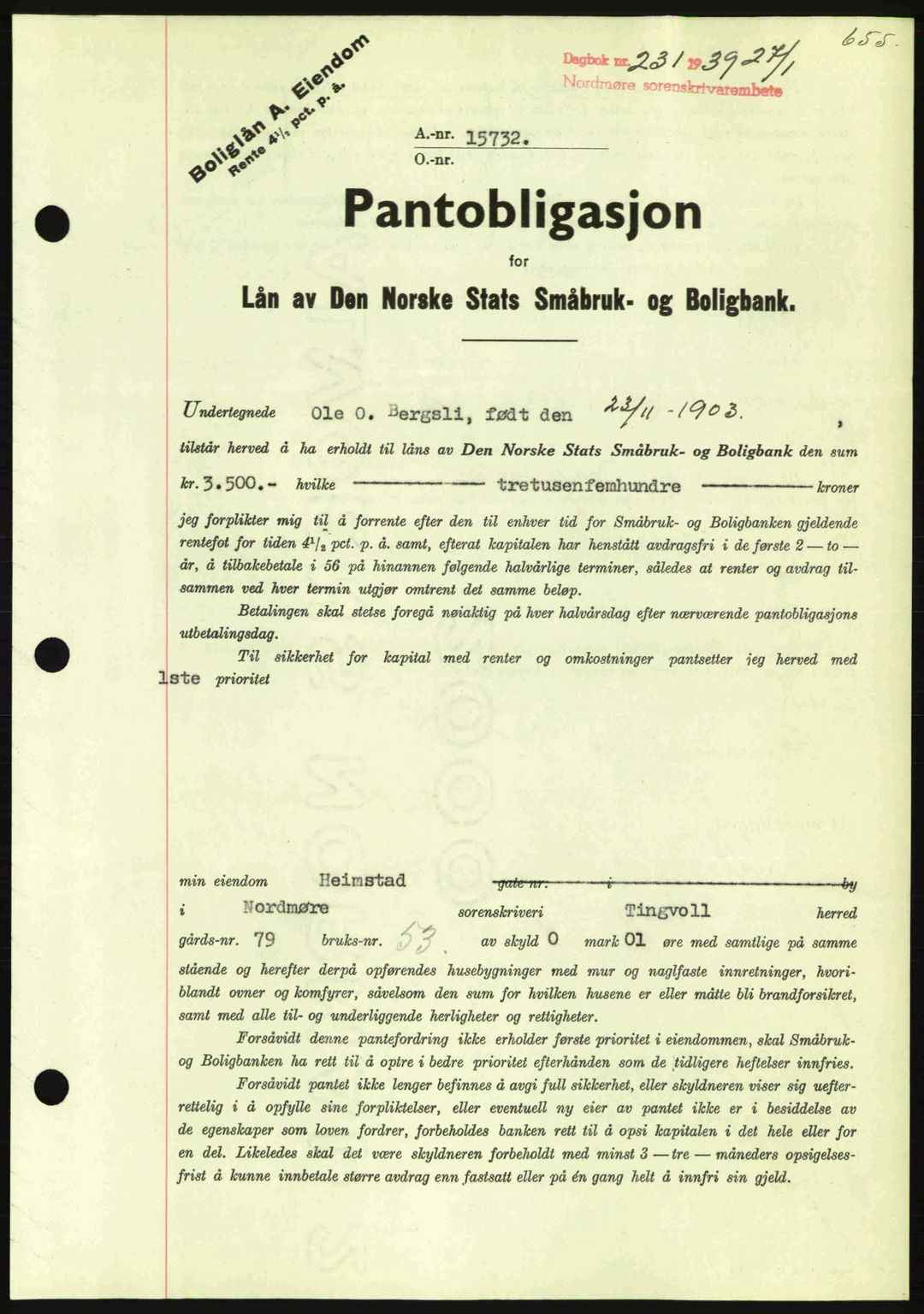 Nordmøre sorenskriveri, SAT/A-4132/1/2/2Ca: Mortgage book no. B84, 1938-1939, Diary no: : 231/1939