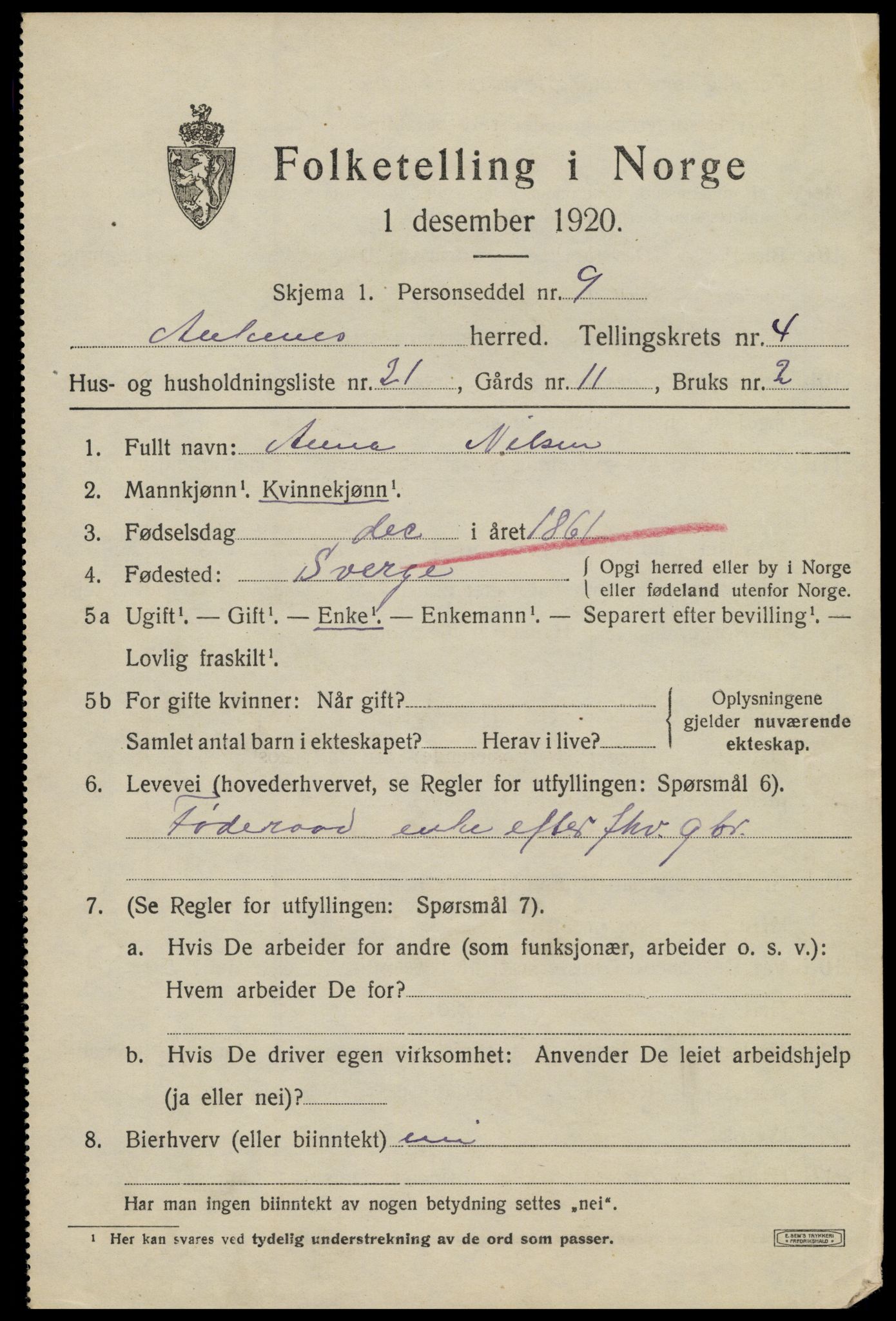 SAT, 1920 census for Ankenes, 1920, p. 2827