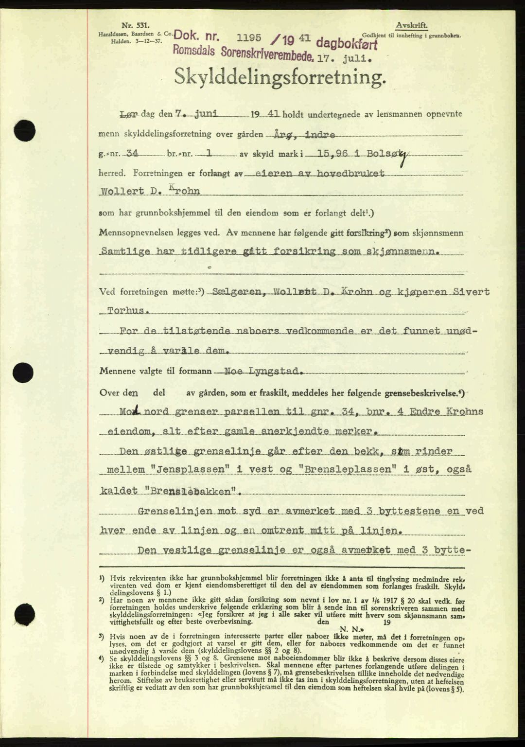 Romsdal sorenskriveri, AV/SAT-A-4149/1/2/2C: Mortgage book no. A10, 1941-1941, Diary no: : 1195/1941