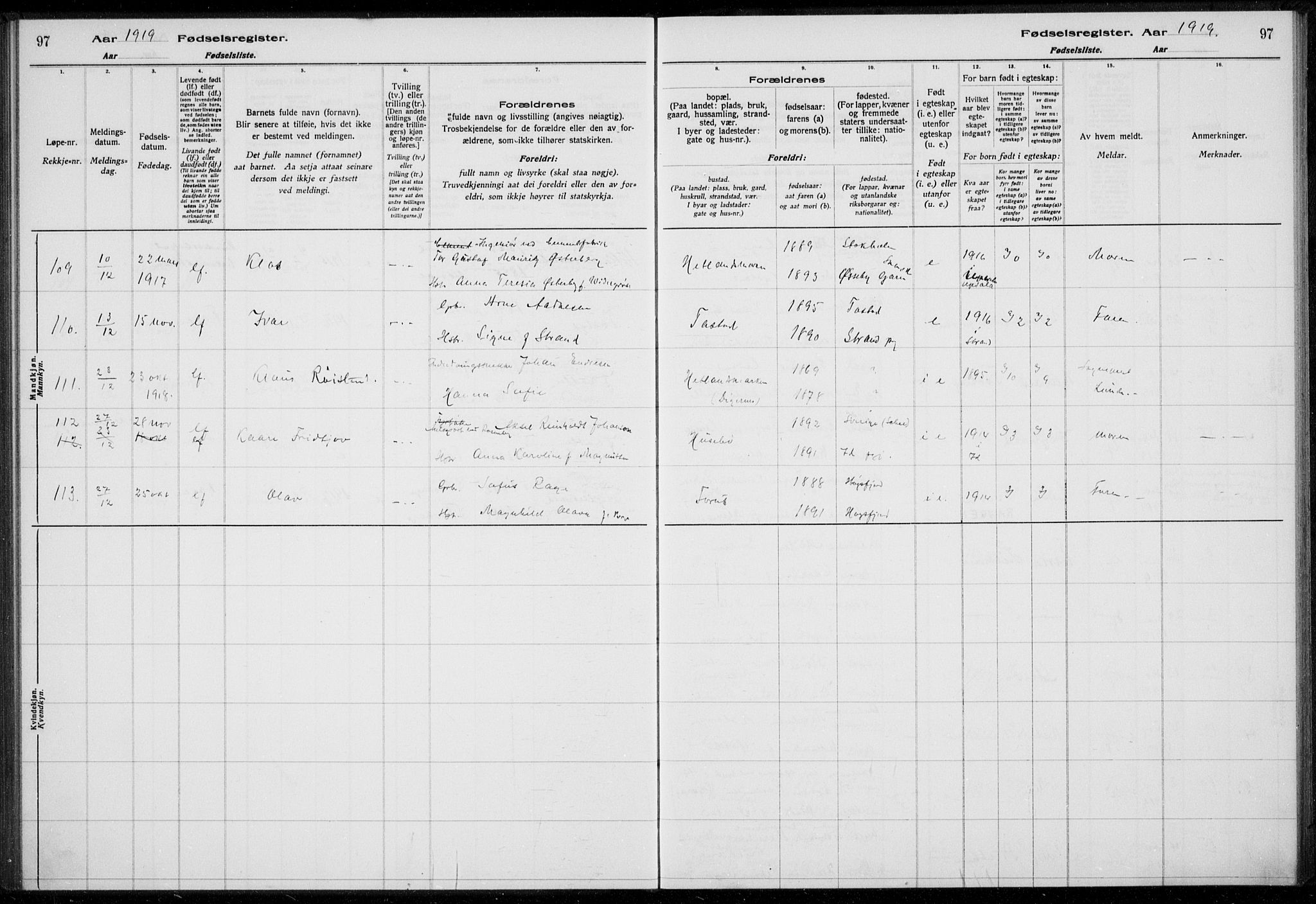 Hetland sokneprestkontor, SAST/A-101826/70/704BA/L0003: Birth register no. 1, 1916-1923, p. 97