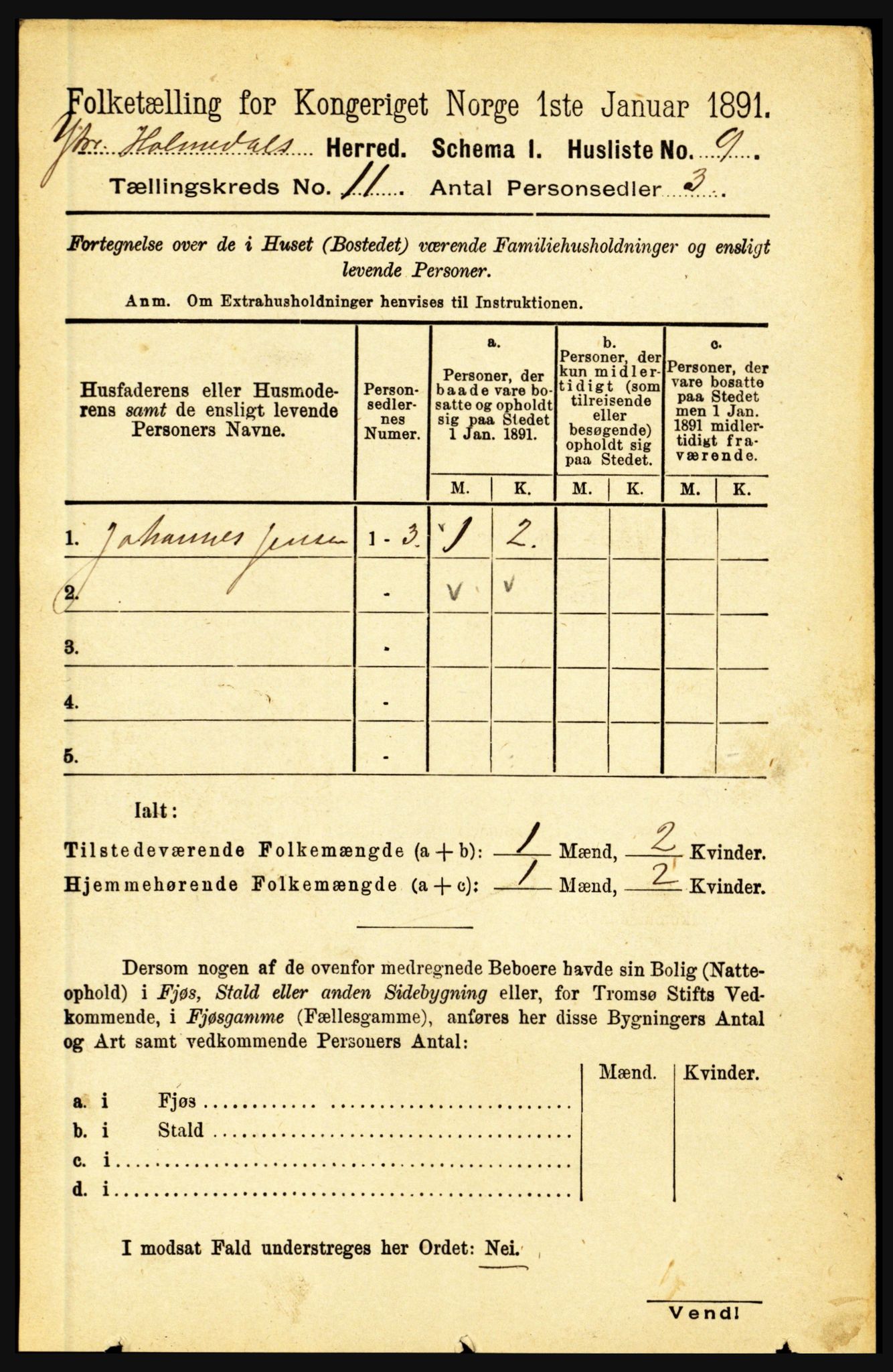 RA, 1891 census for 1429 Ytre Holmedal, 1891, p. 2736