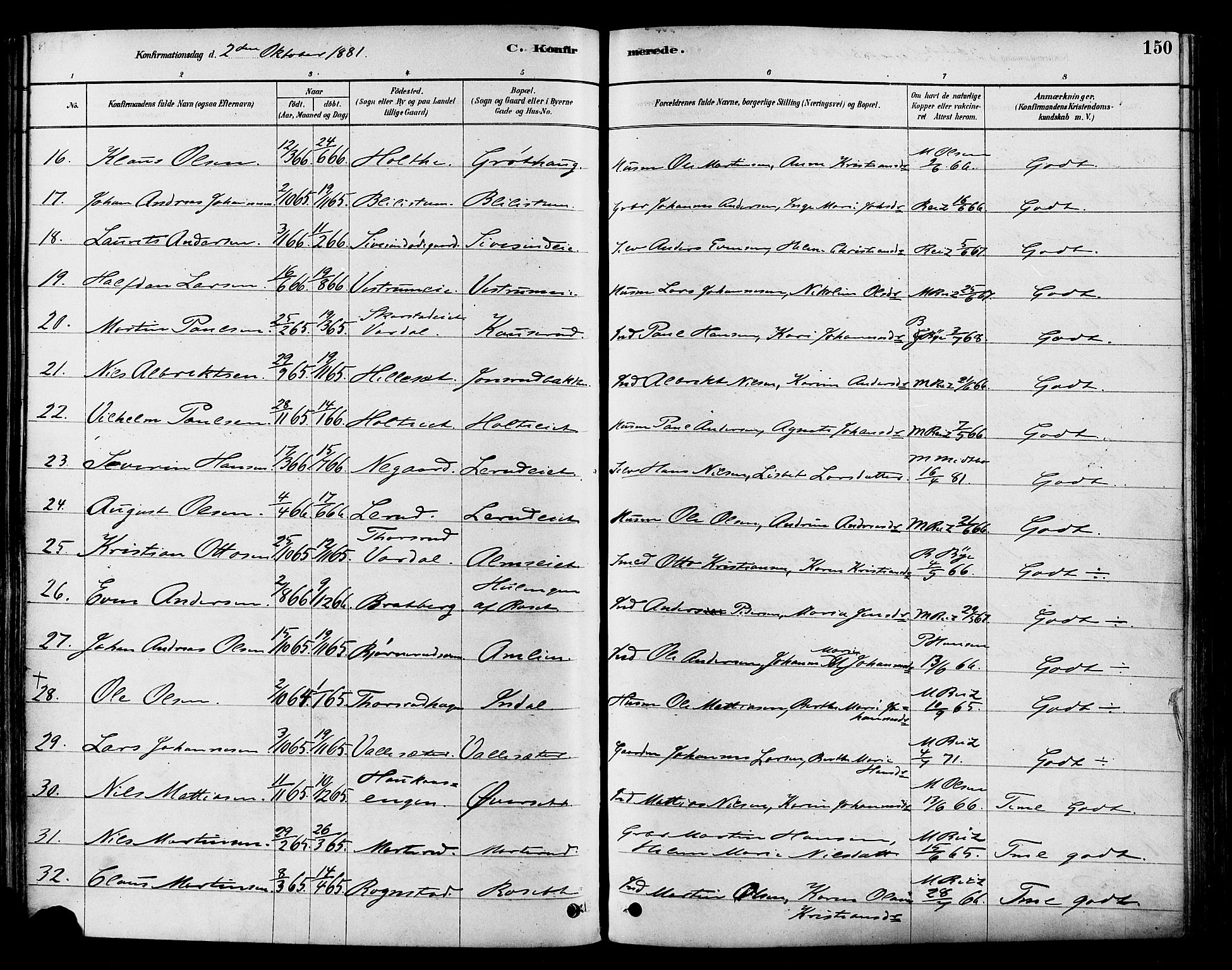 Vestre Toten prestekontor, SAH/PREST-108/H/Ha/Haa/L0009: Parish register (official) no. 9, 1878-1894, p. 150