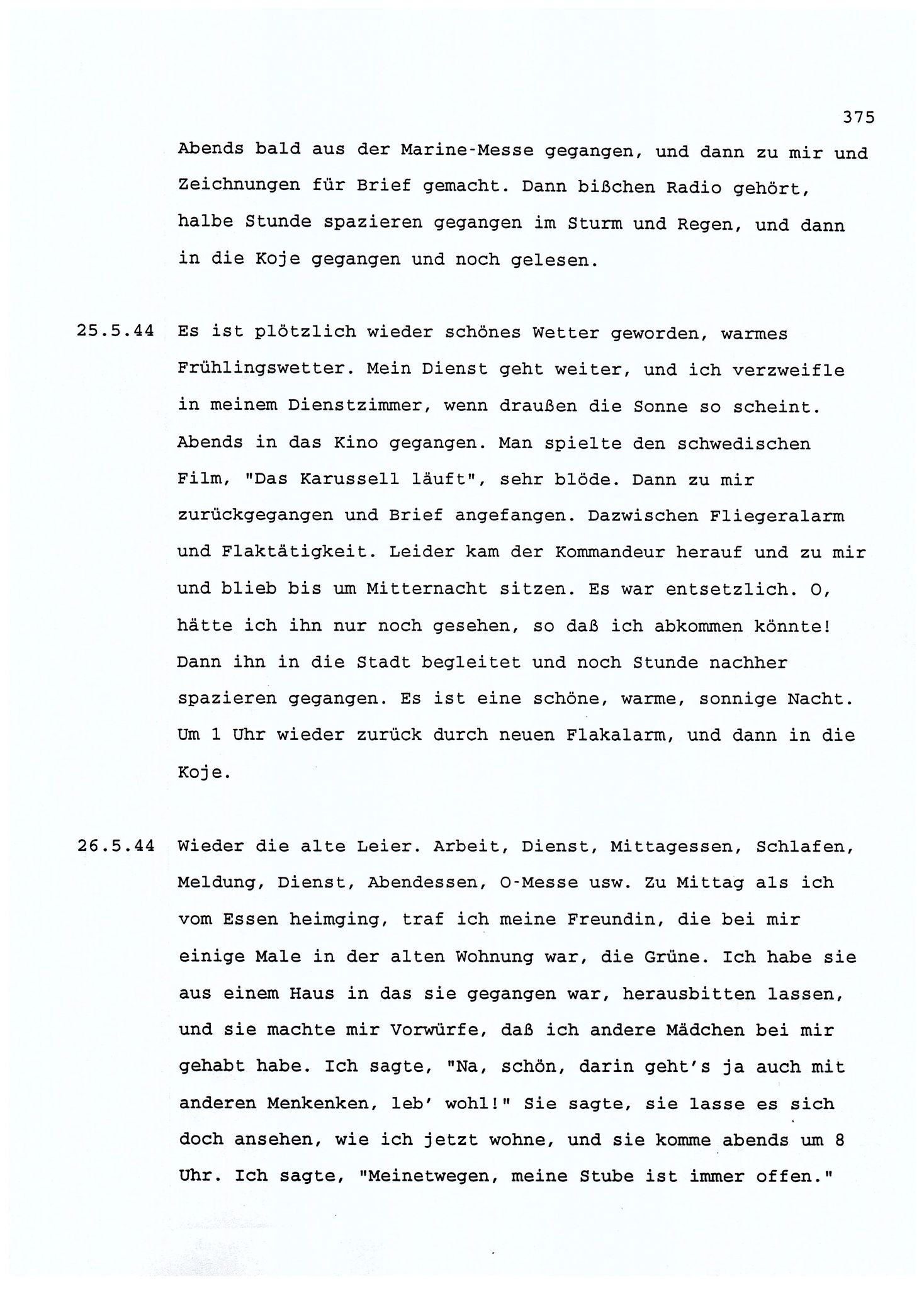 Dagbokopptegnelser av en tysk marineoffiser stasjonert i Norge , FMFB/A-1160/F/L0001: Dagbokopptegnelser av en tysk marineoffiser stasjonert i Norge, 1941-1944, p. 375