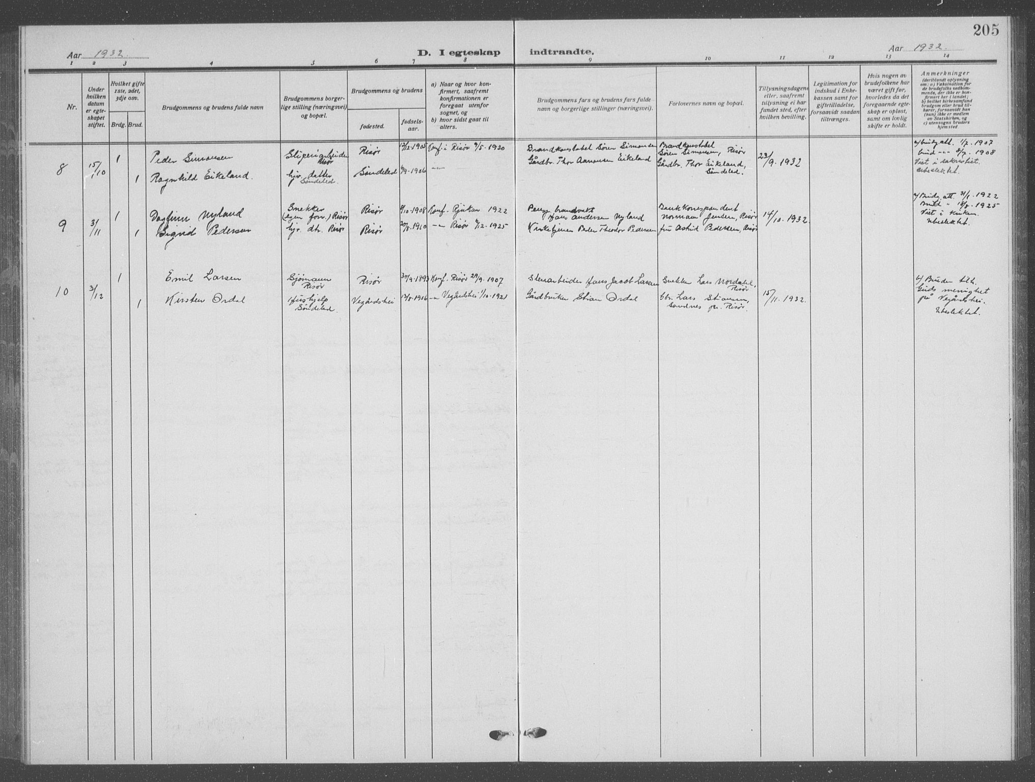 Risør sokneprestkontor, SAK/1111-0035/F/Fb/L0009: Parish register (copy) no. B 9, 1922-1939, p. 205