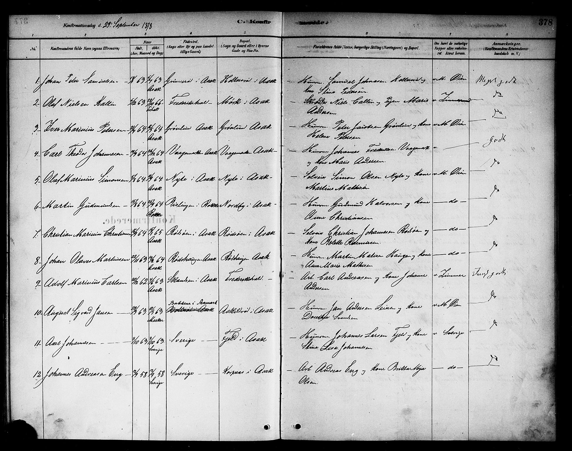 Berg prestekontor Kirkebøker, AV/SAO-A-10902/F/Fb/L0001: Parish register (official) no. II 1, 1878-1887, p. 378