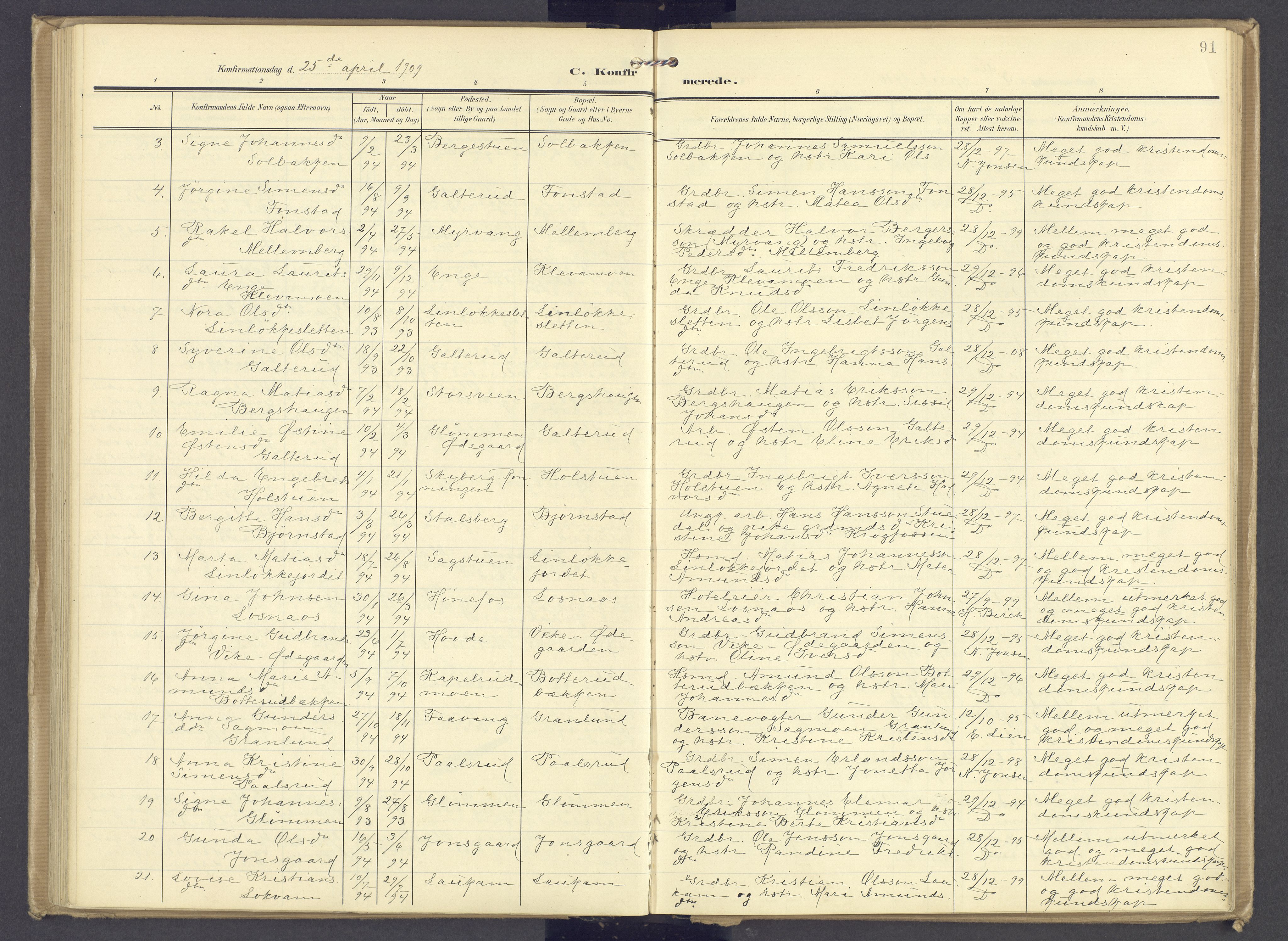 Øyer prestekontor, AV/SAH-PREST-084/H/Ha/Haa/L0013: Parish register (official) no. 13, 1905-1920, p. 91