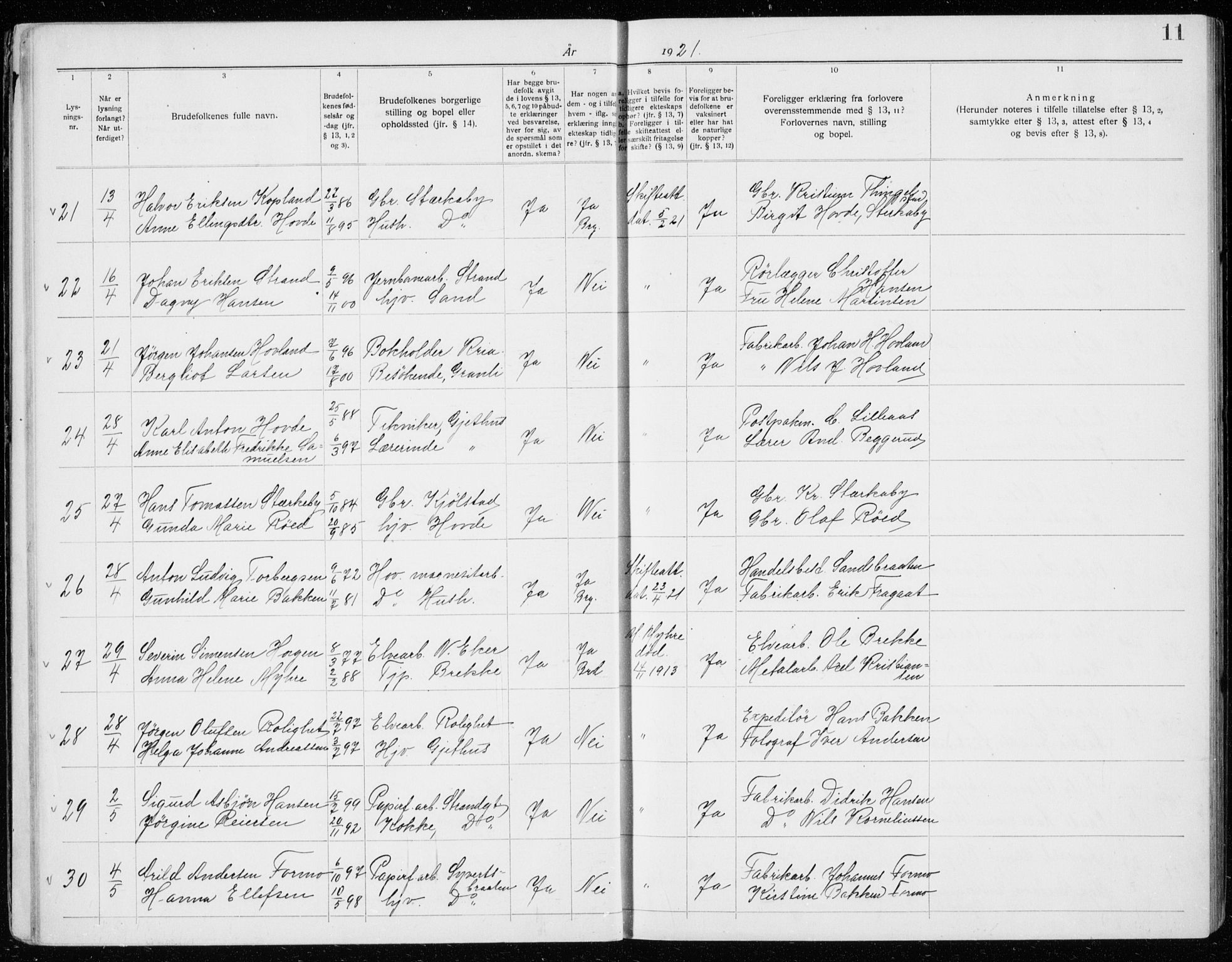 Modum kirkebøker, AV/SAKO-A-234/H/Ha/L0003: Banns register no. I 3, 1920-1934, p. 11