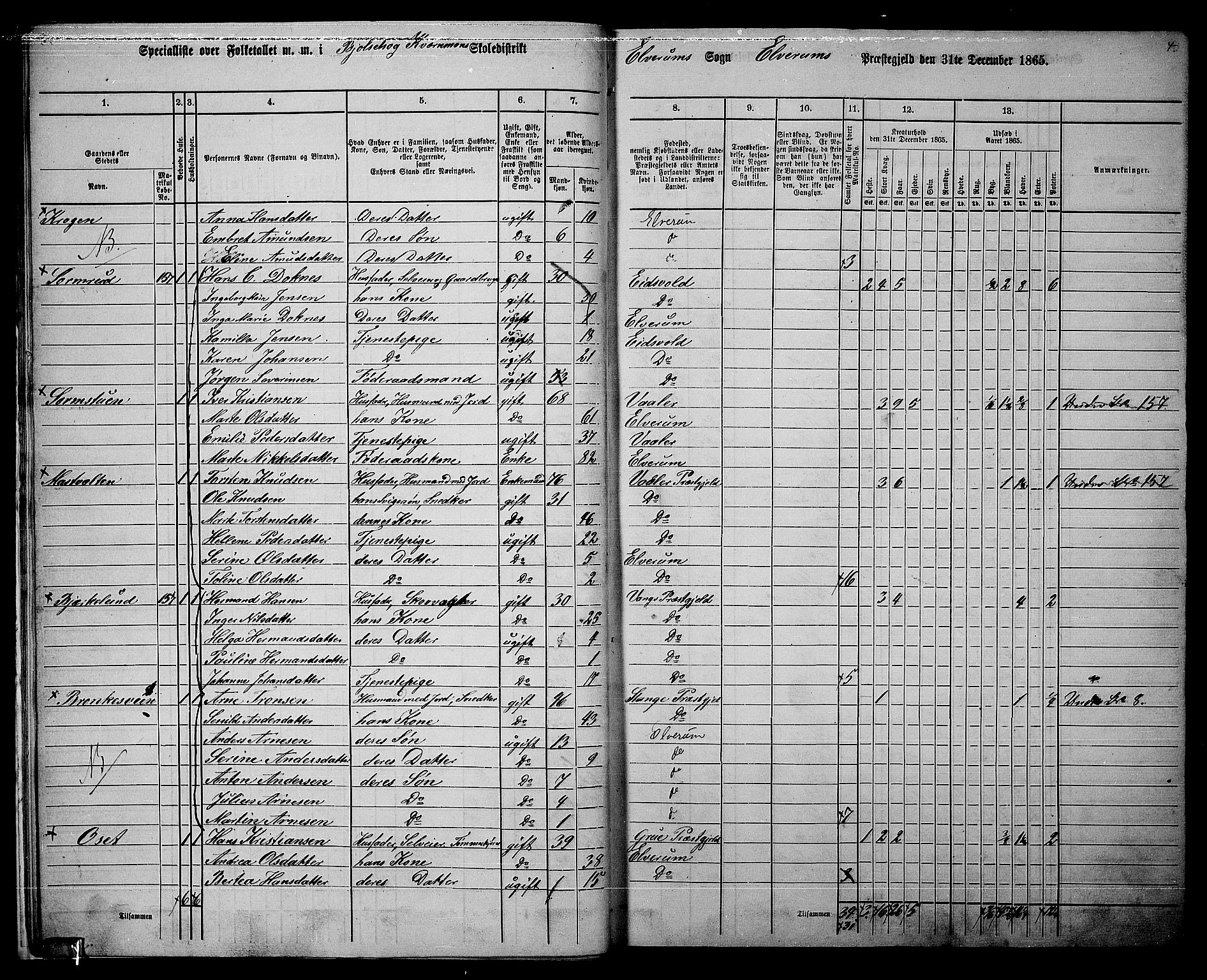 RA, 1865 census for Elverum, 1865, p. 13