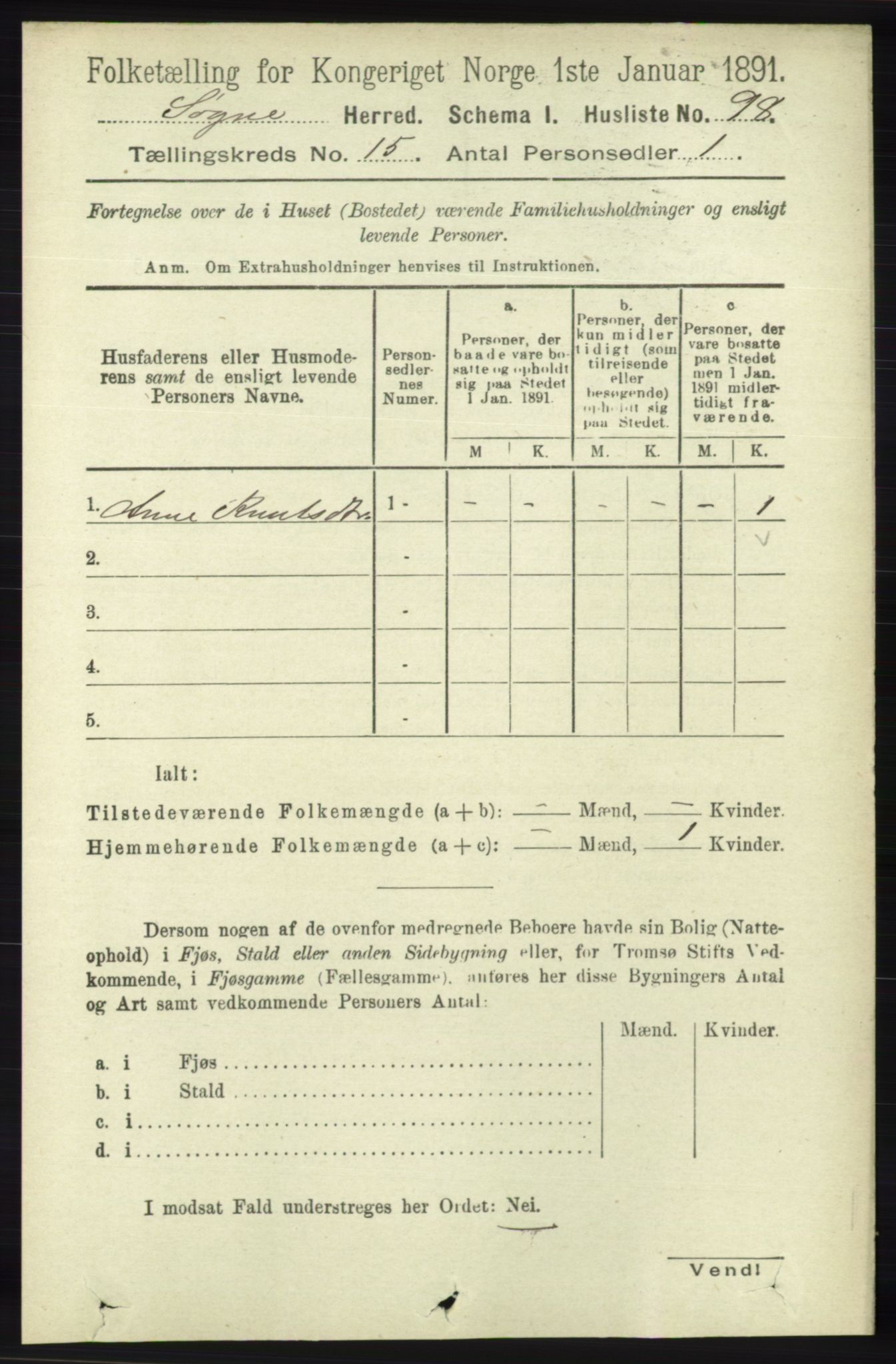 RA, 1891 census for 1018 Søgne, 1891, p. 3895