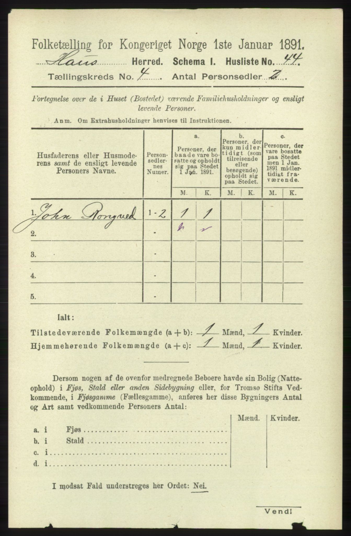 RA, 1891 census for 1250 Haus, 1891, p. 1385