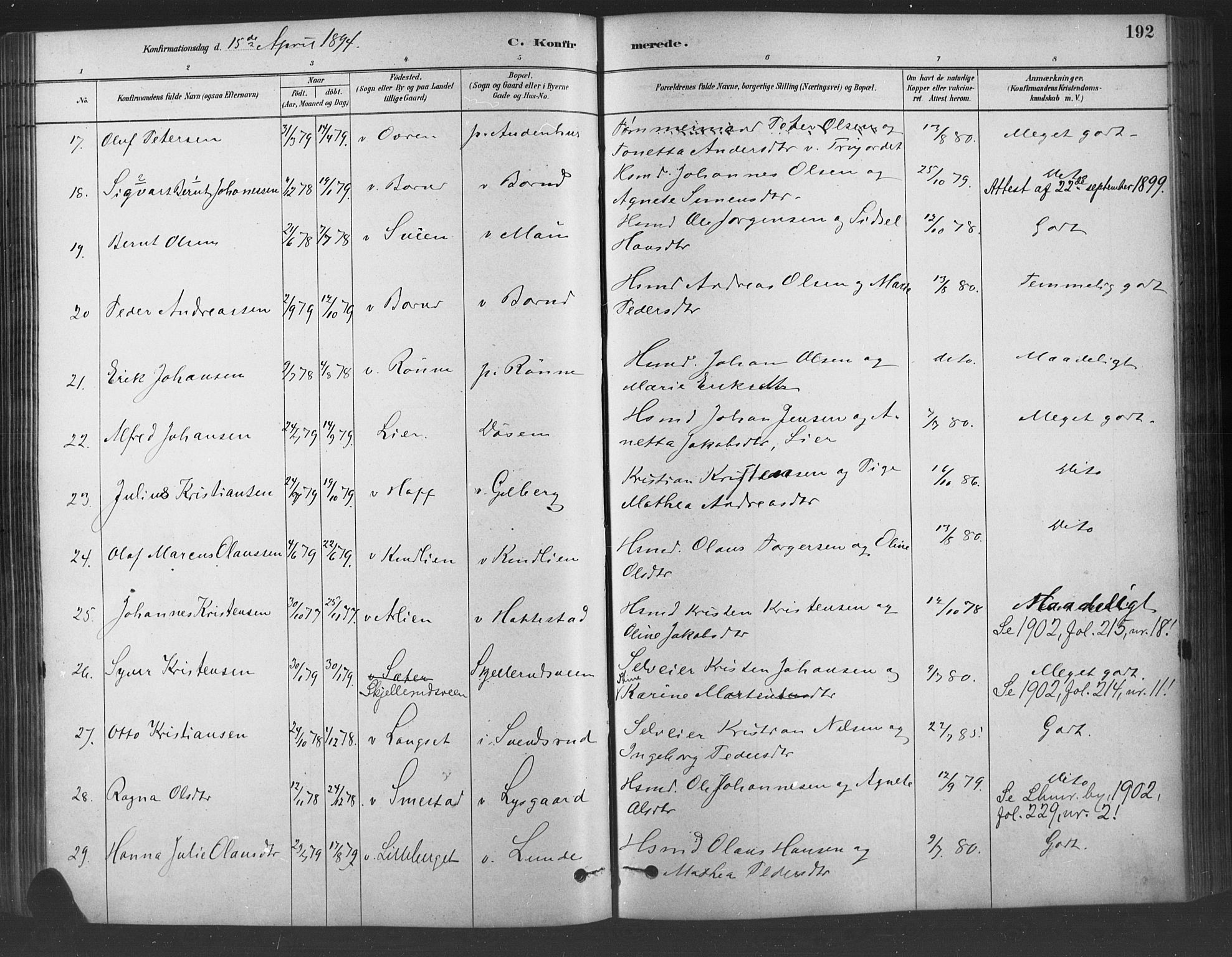 Fåberg prestekontor, AV/SAH-PREST-086/H/Ha/Haa/L0009: Parish register (official) no. 9, 1879-1898, p. 192