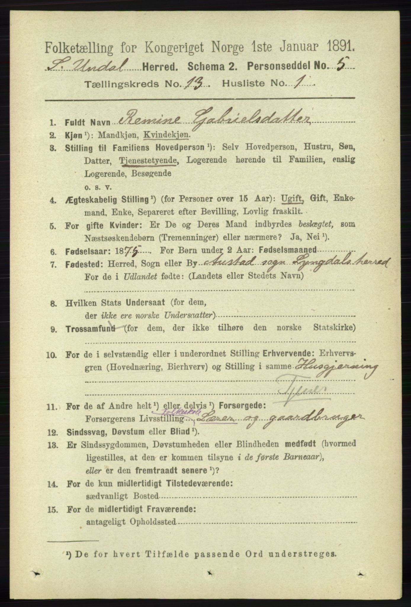 RA, 1891 census for 1029 Sør-Audnedal, 1891, p. 5795