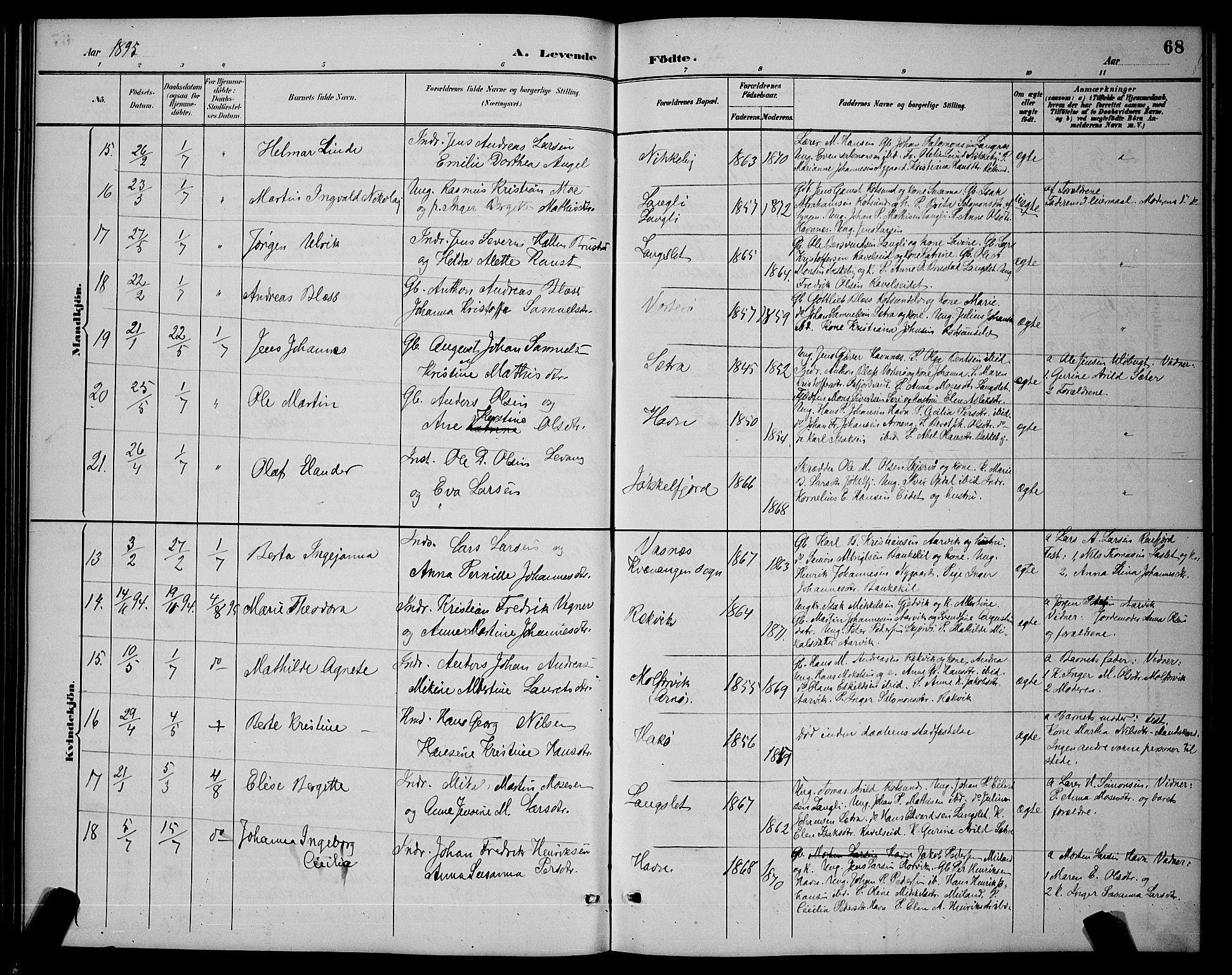 Skjervøy sokneprestkontor, AV/SATØ-S-1300/H/Ha/Hab/L0007klokker: Parish register (copy) no. 7, 1889-1899, p. 68