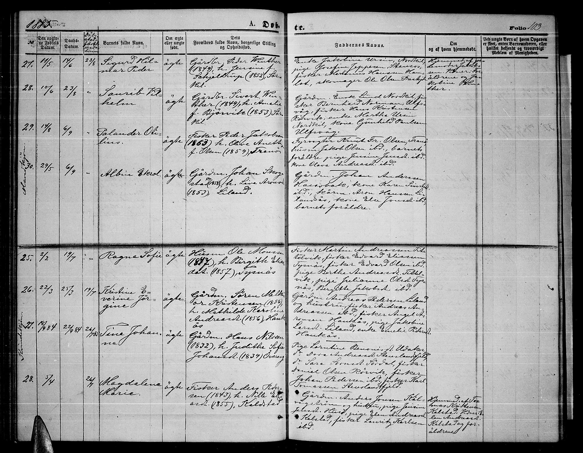 Ministerialprotokoller, klokkerbøker og fødselsregistre - Nordland, SAT/A-1459/859/L0858: Parish register (copy) no. 859C04, 1873-1886, p. 103