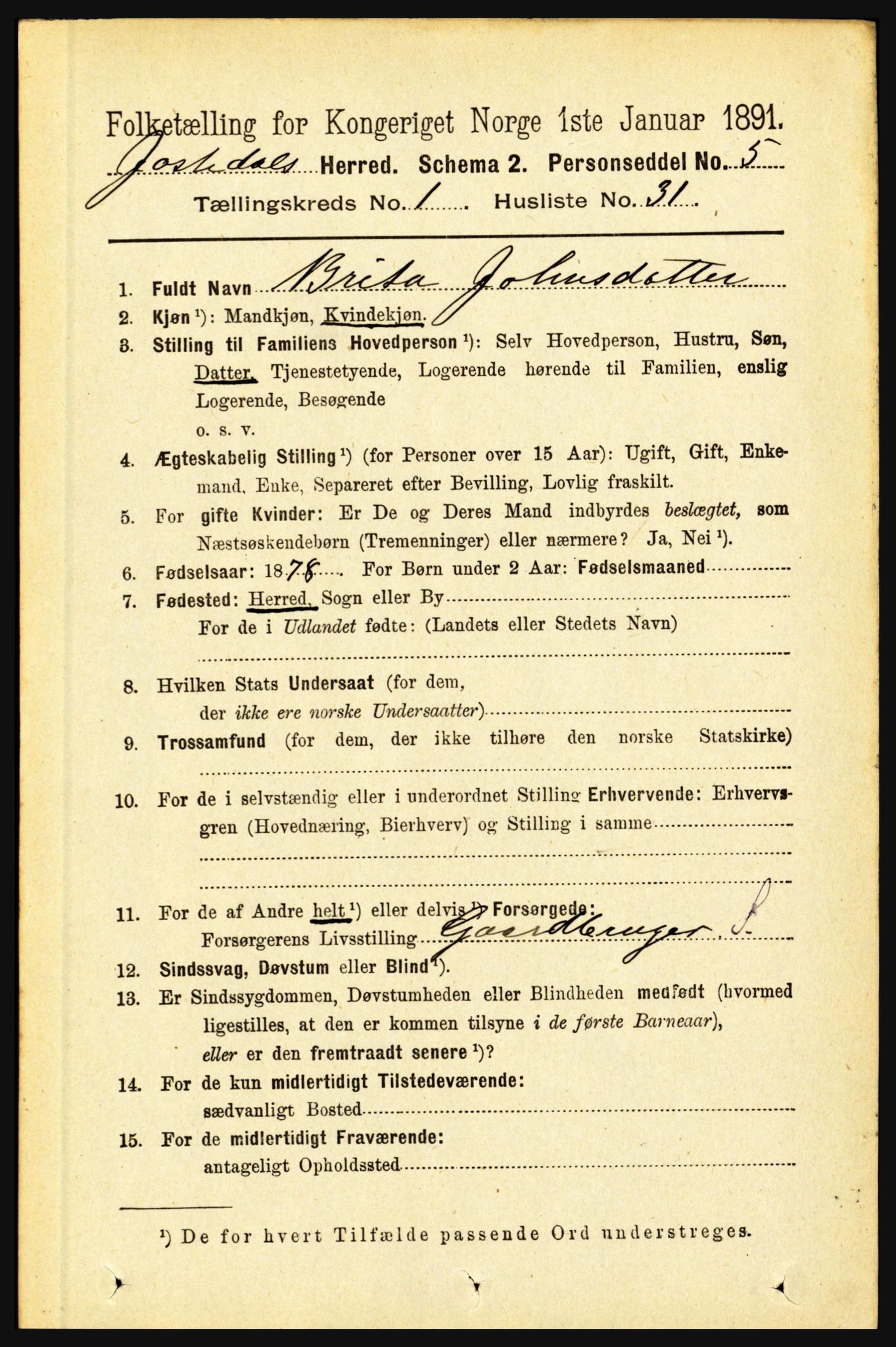 RA, 1891 census for 1427 Jostedal, 1891, p. 298