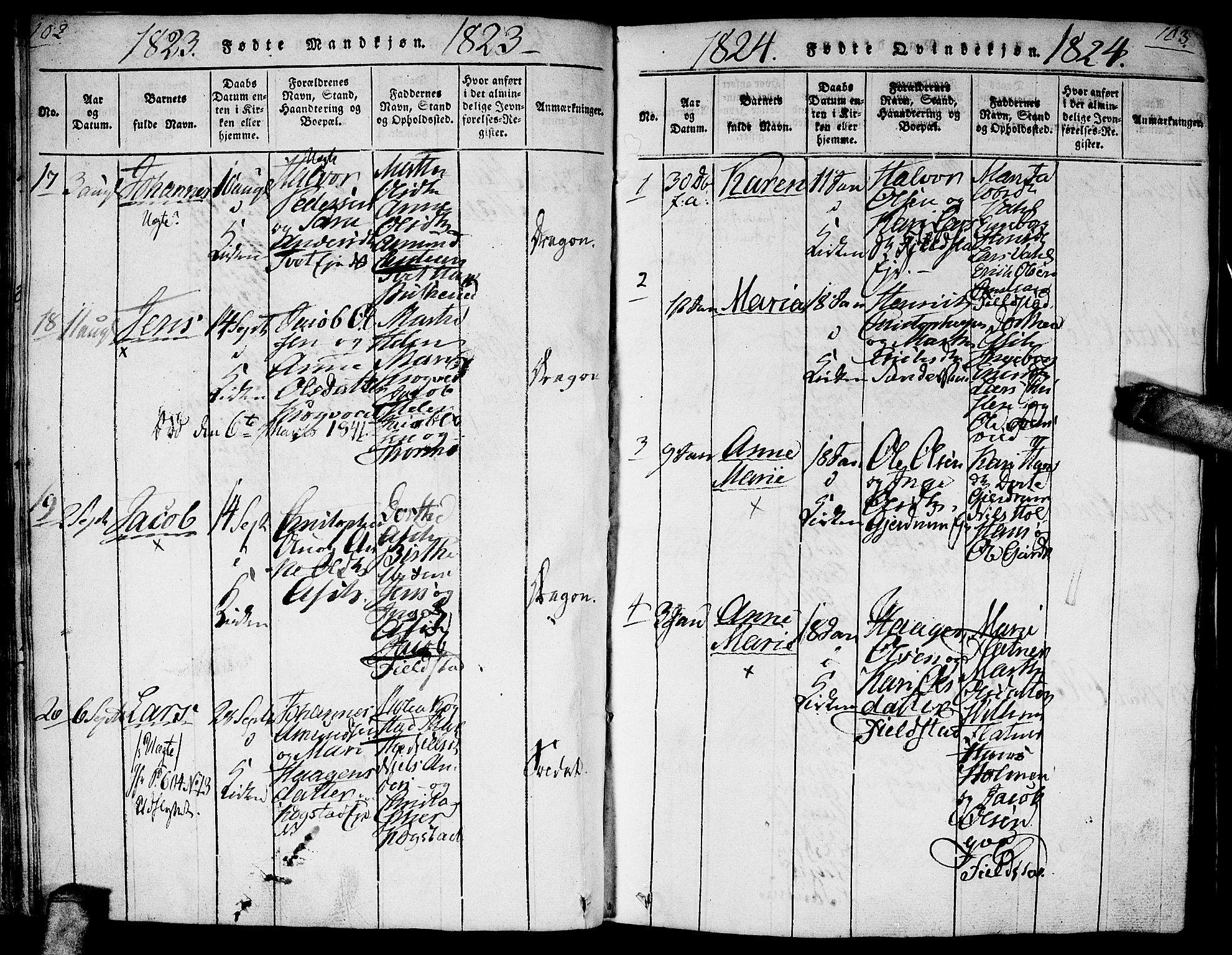 Gjerdrum prestekontor Kirkebøker, AV/SAO-A-10412b/G/Ga/L0001: Parish register (copy) no. I 1, 1816-1837, p. 102-103