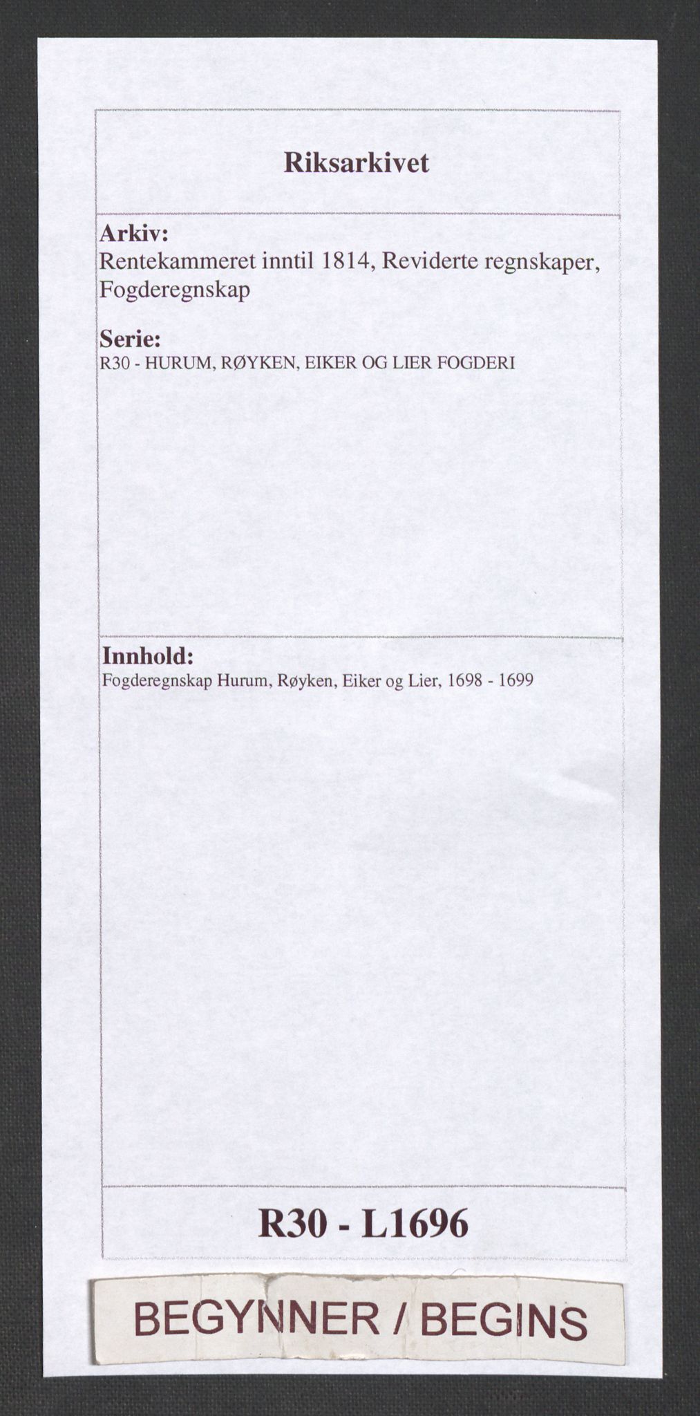 Rentekammeret inntil 1814, Reviderte regnskaper, Fogderegnskap, AV/RA-EA-4092/R30/L1696: Fogderegnskap Hurum, Røyken, Eiker og Lier, 1698-1699, p. 1