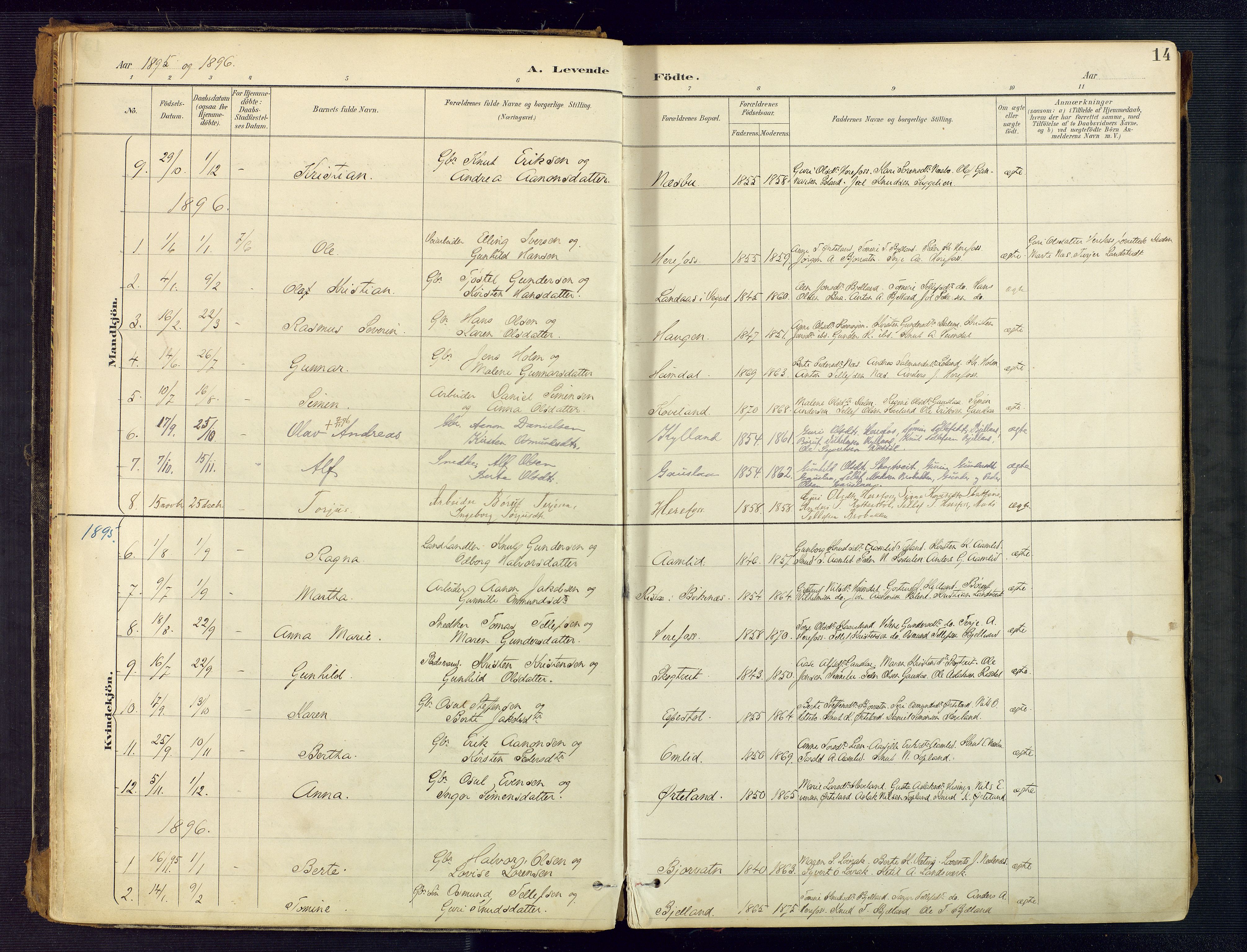 Herefoss sokneprestkontor, SAK/1111-0019/F/Fa/Faa/L0003: Parish register (official) no. A 3, 1887-1930, p. 14