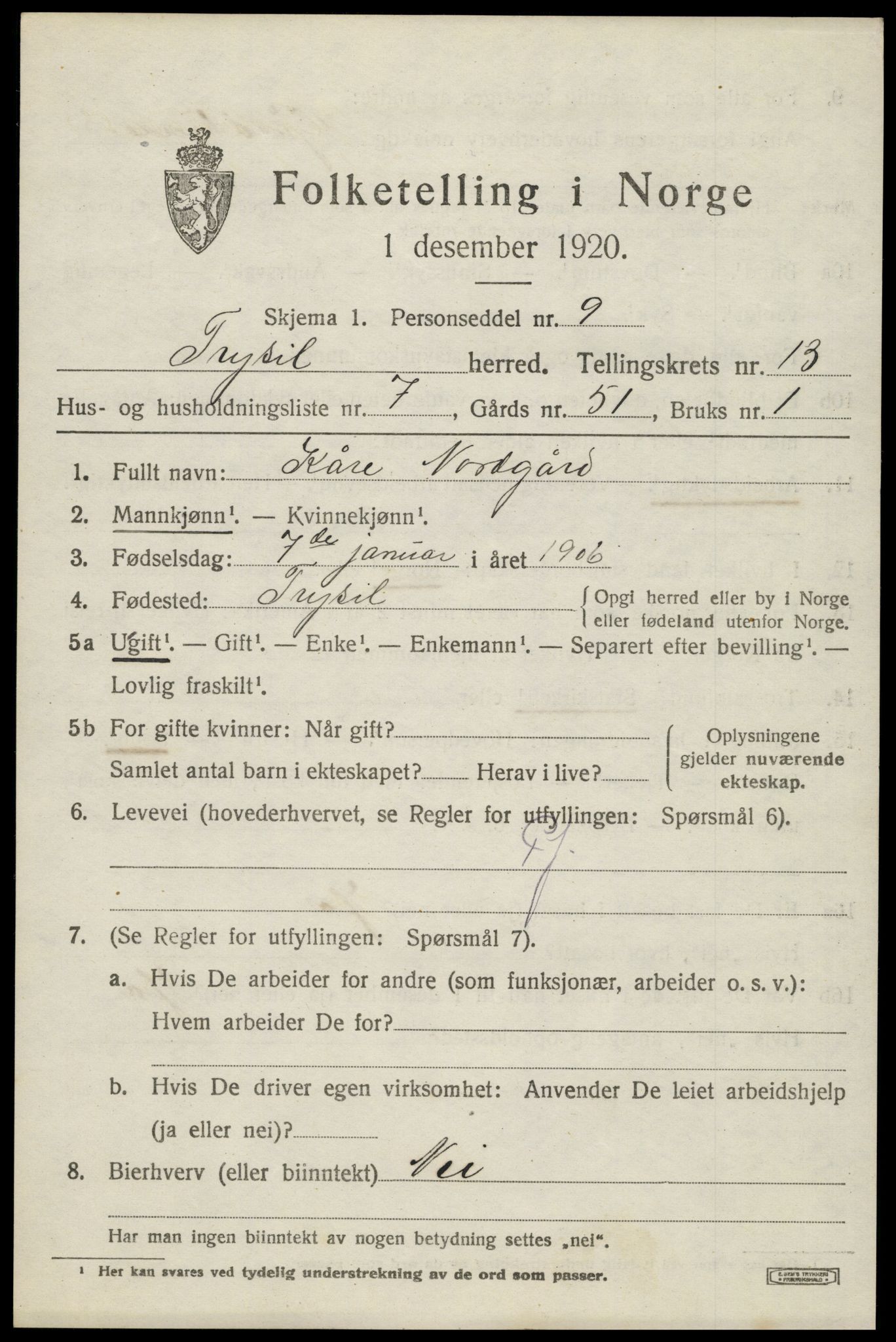 SAH, 1920 census for Trysil, 1920, p. 7709