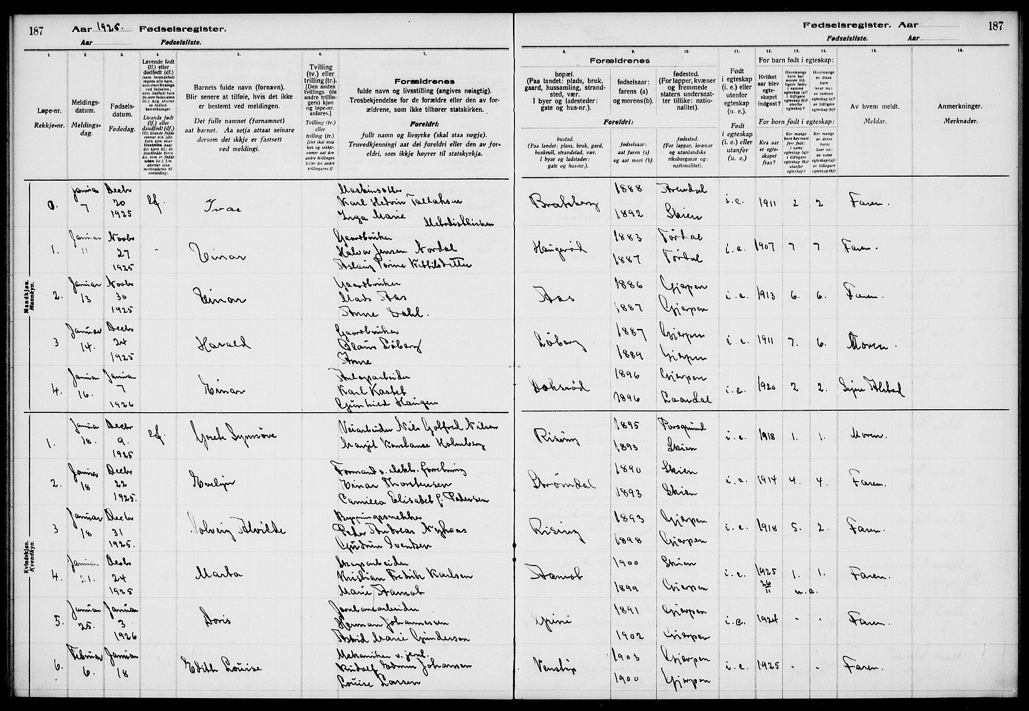 Gjerpen kirkebøker, SAKO/A-265/J/Ja/L0001: Birth register no. 1, 1916-1926, p. 187