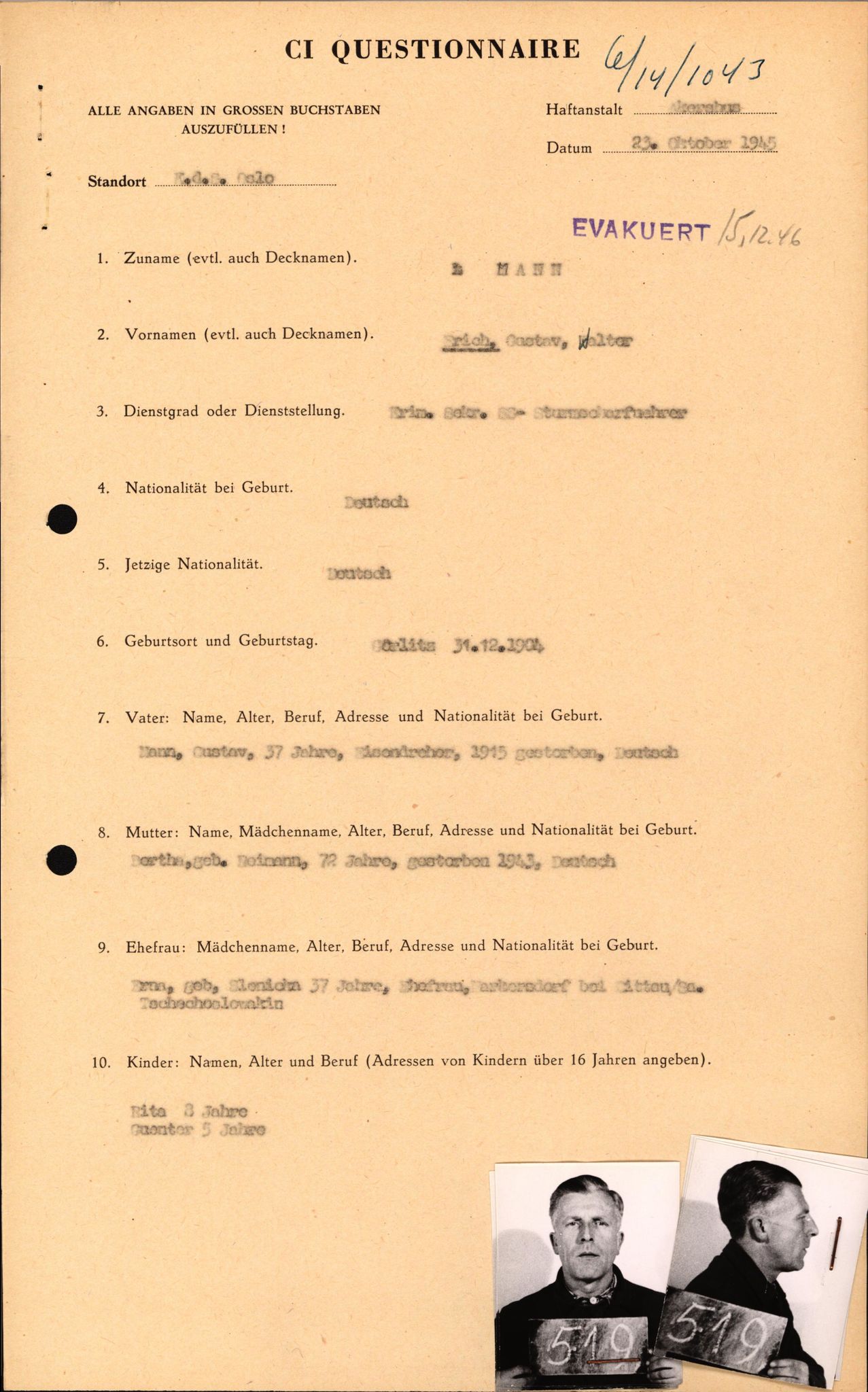 Forsvaret, Forsvarets overkommando II, RA/RAFA-3915/D/Db/L0021: CI Questionaires. Tyske okkupasjonsstyrker i Norge. Tyskere., 1945-1946, p. 122