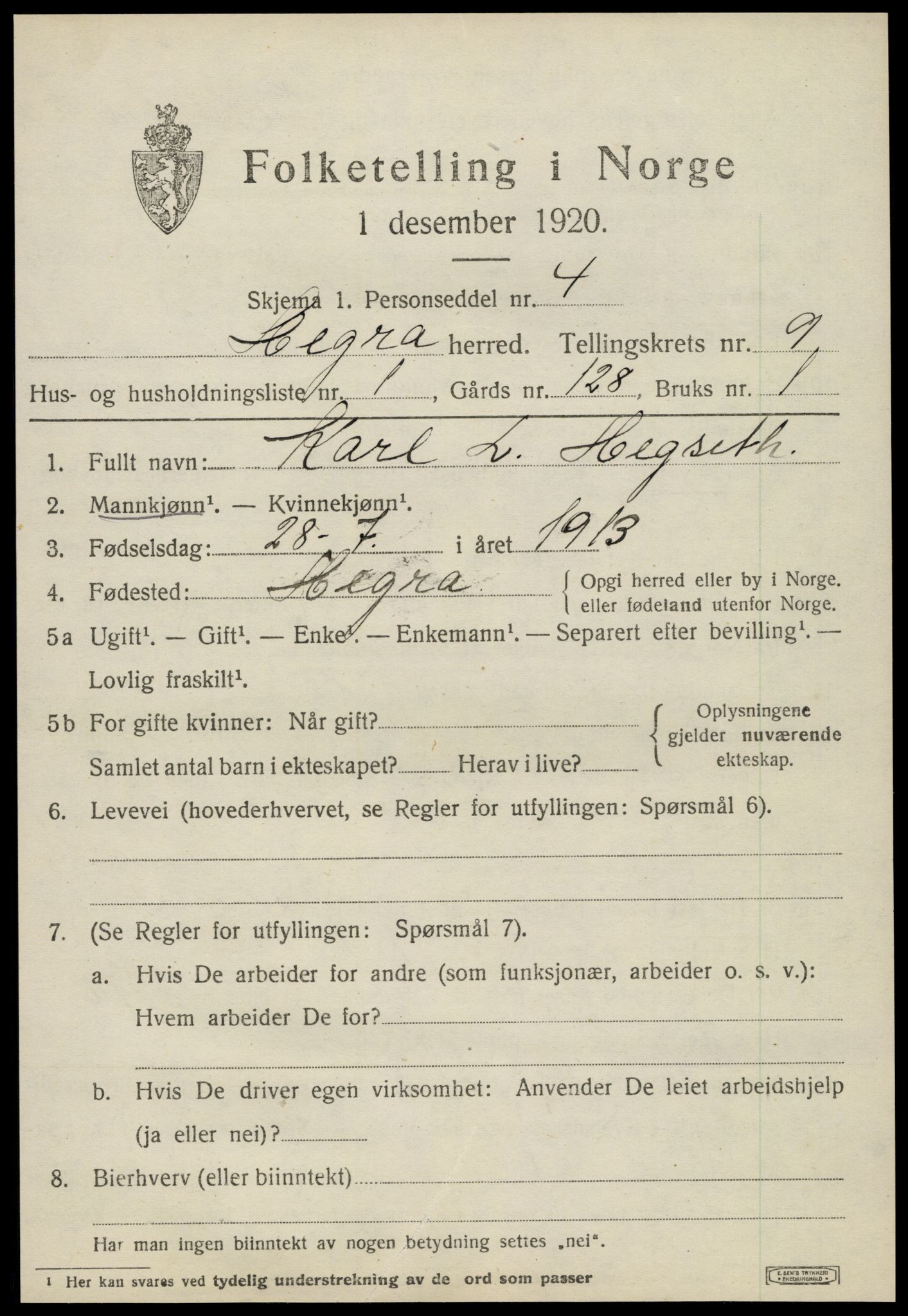 SAT, 1920 census for Hegra, 1920, p. 5982