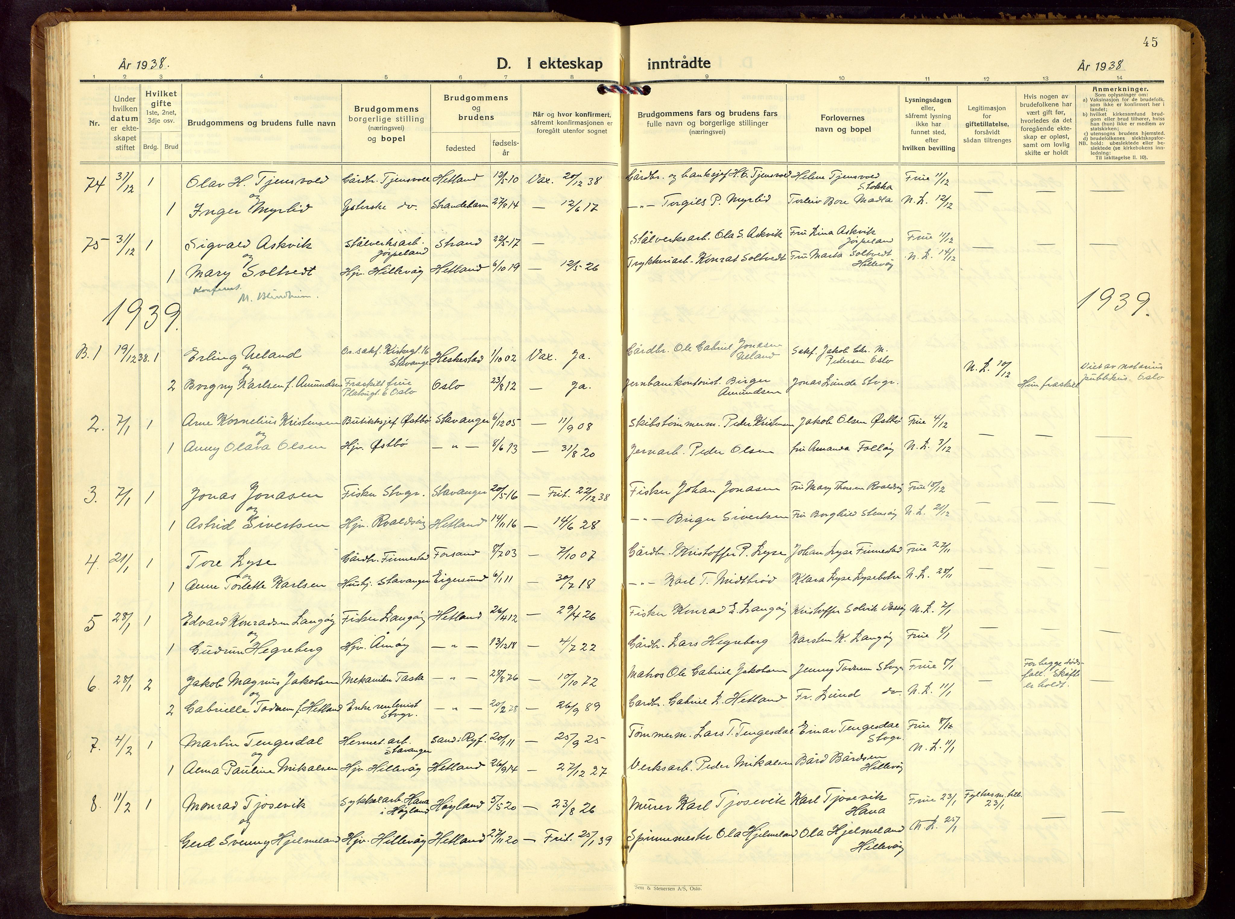 Hetland sokneprestkontor, SAST/A-101826/30/30BB/L0013: Parish register (copy) no. B 13, 1931-1952, p. 45