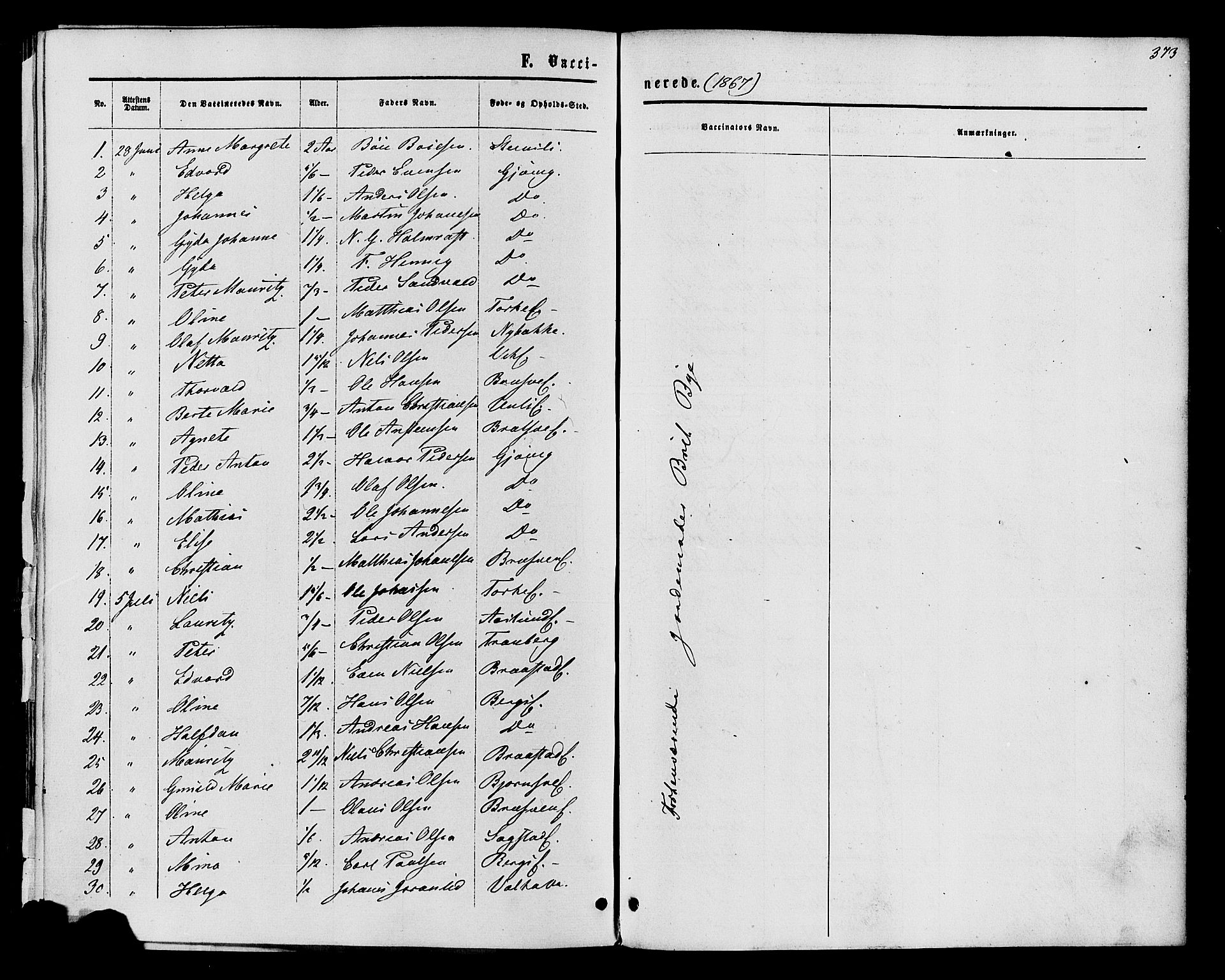 Vardal prestekontor, SAH/PREST-100/H/Ha/Haa/L0007: Parish register (official) no. 7, 1867-1878, p. 373