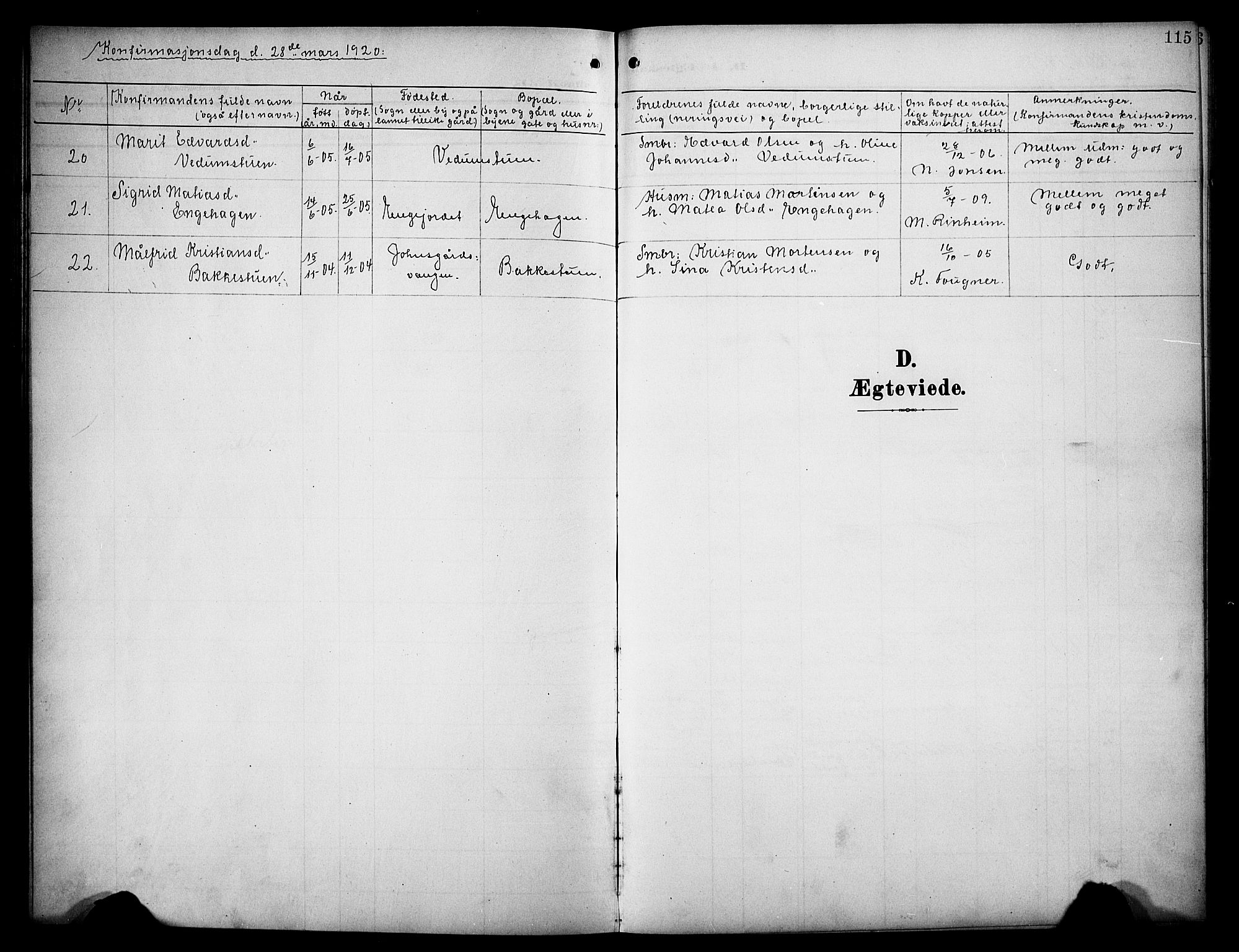 Øyer prestekontor, SAH/PREST-084/H/Ha/Hab/L0006: Parish register (copy) no. 6, 1906-1929, p. 115