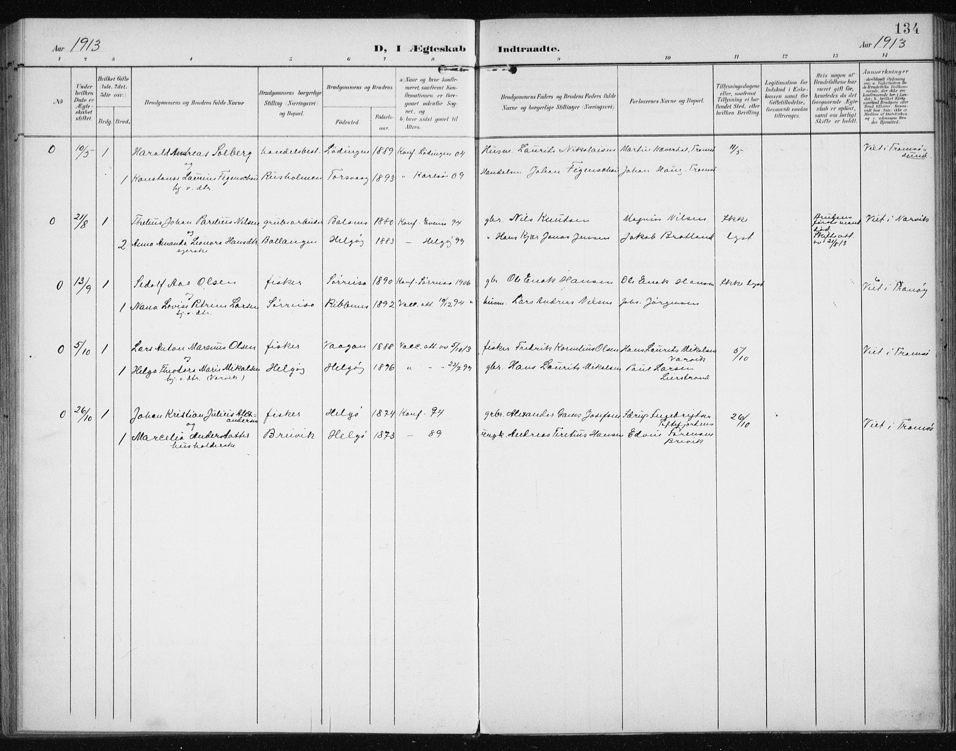 Karlsøy sokneprestembete, SATØ/S-1299/H/Ha/Haa/L0013kirke: Parish register (official) no. 13, 1902-1916, p. 134